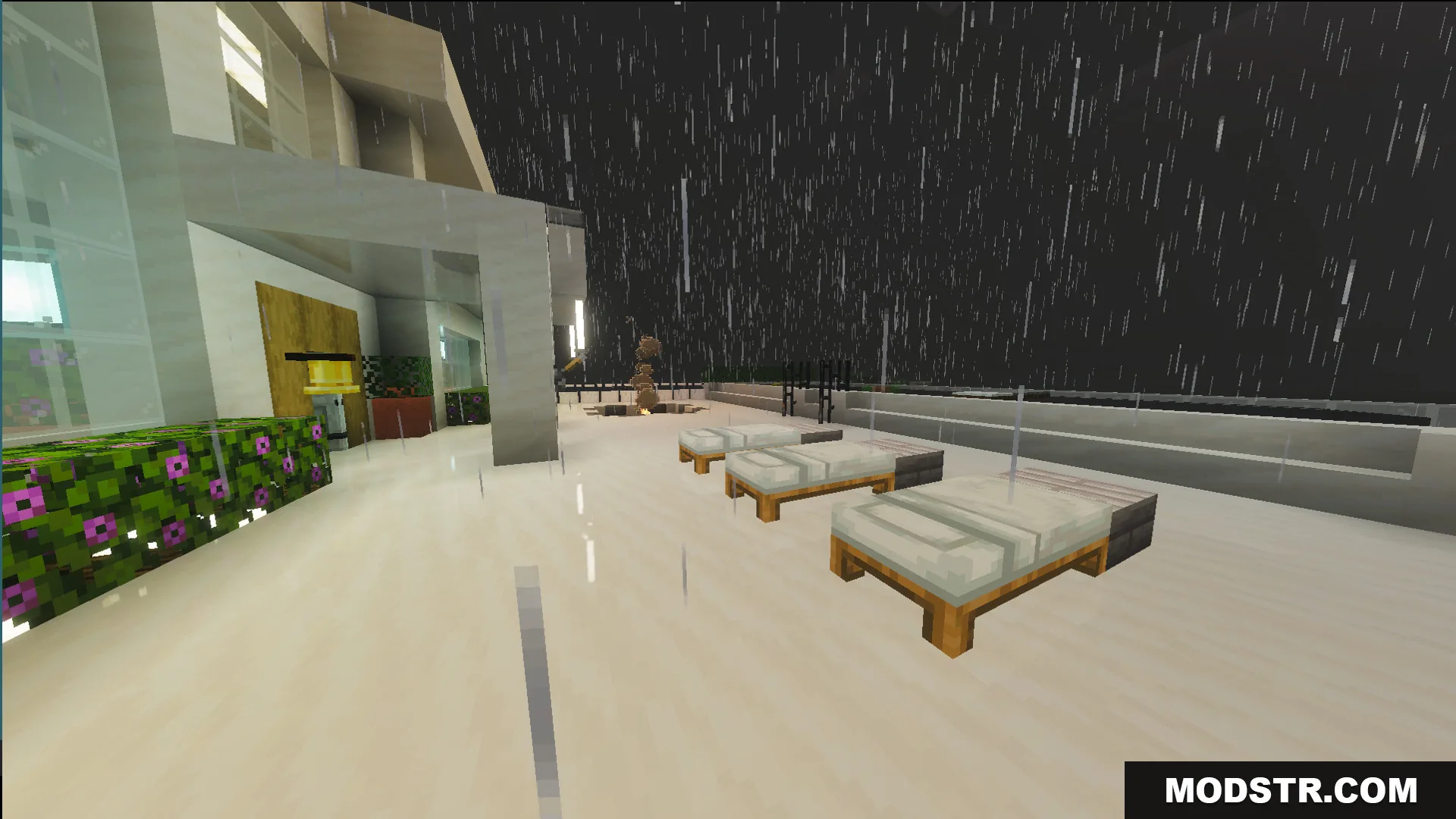 Survival Modern House 80 Map Screenshot 6 Outdoor terrace with white beds and glass railings during a rainy night