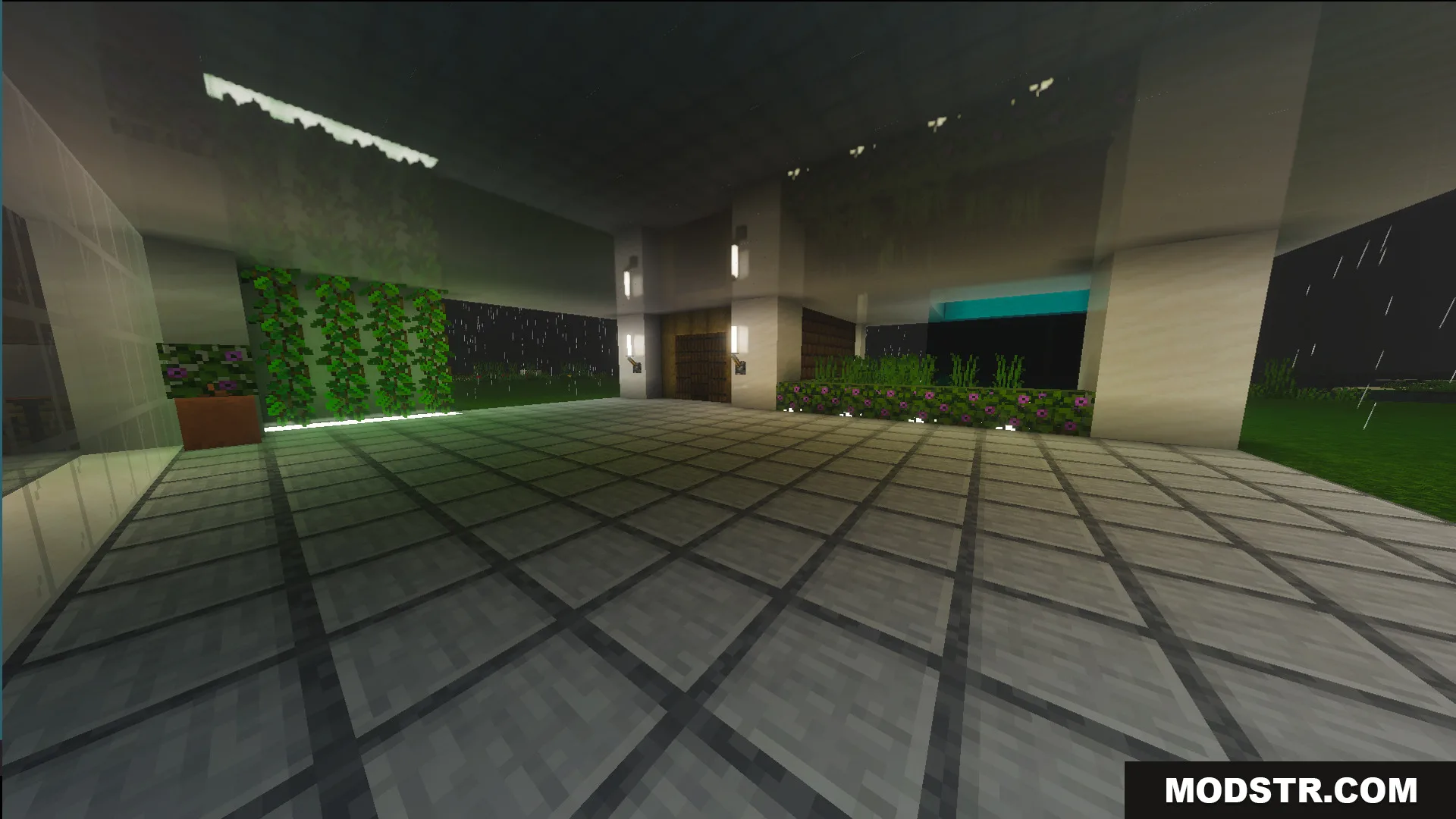 Survival Modern House 80 Map Screenshot 10 Large open terrace with tiled floors and garden plants during a rainstorm