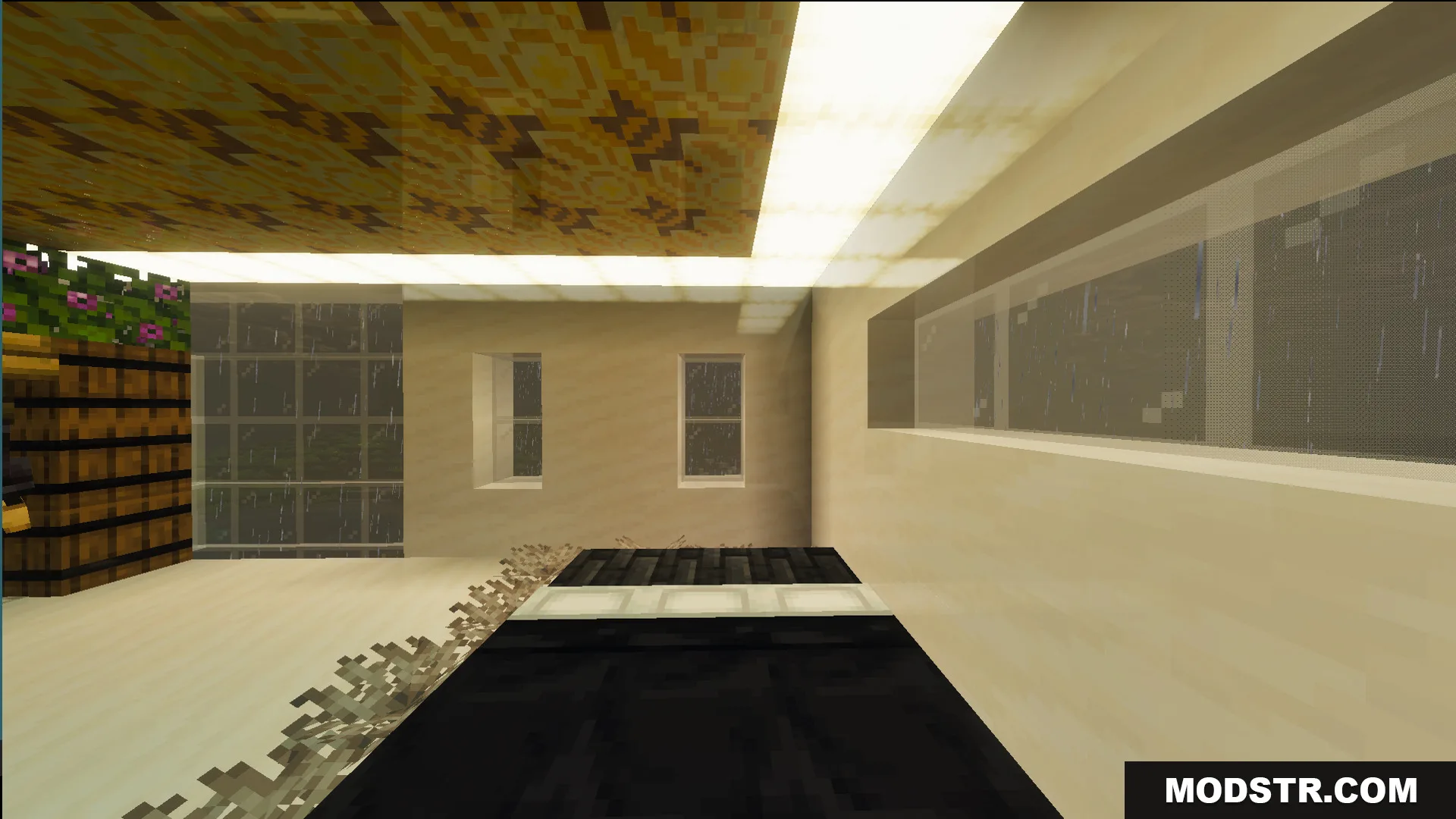 Survival Modern House 80 Map Screenshot 13 A luxury bedroom interior with a black bed and rainy windows