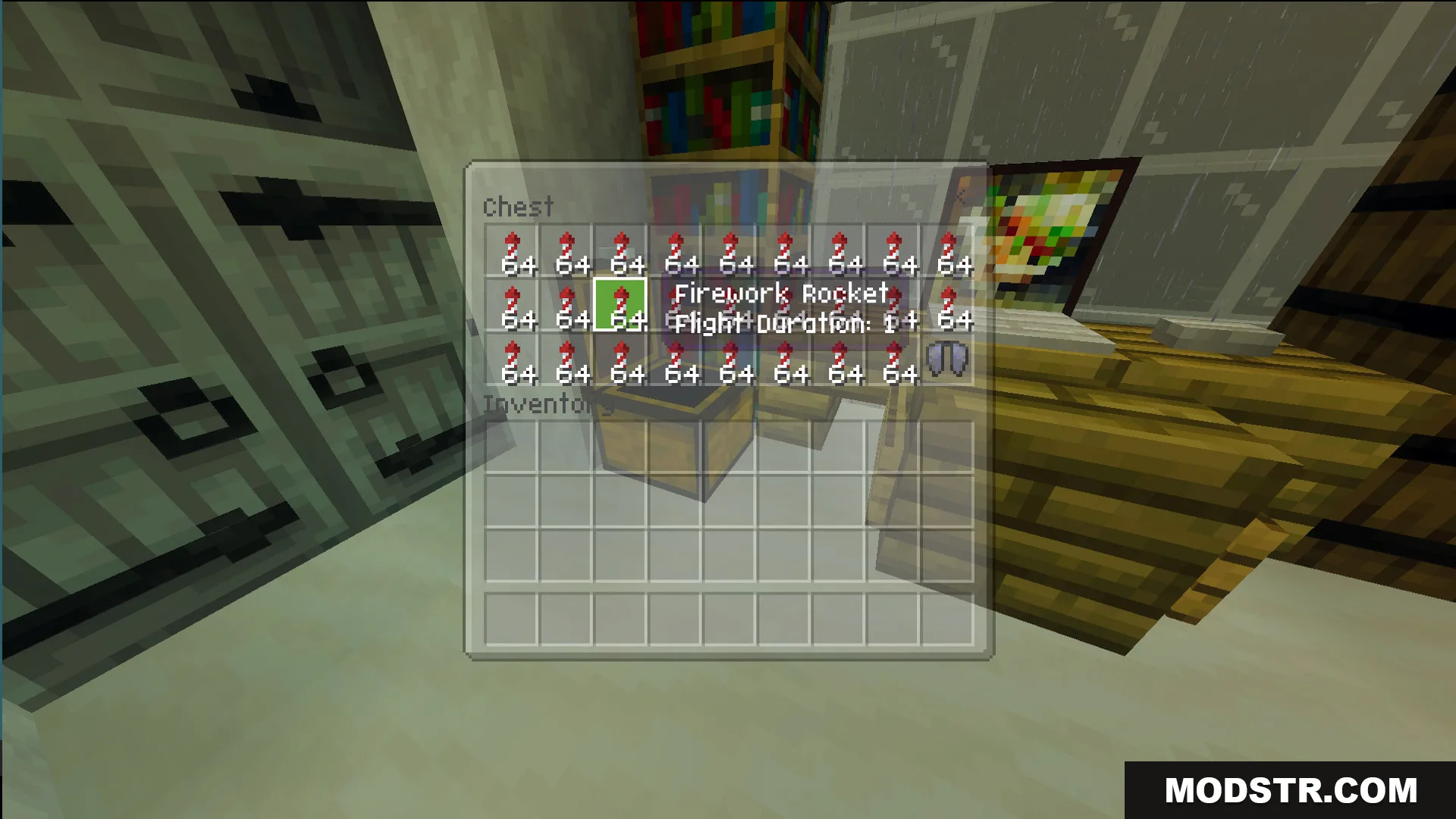 Survival Modern House 80 Map Screenshot 2 Chest inventory showing multiple stacks of firework rockets for the player to use