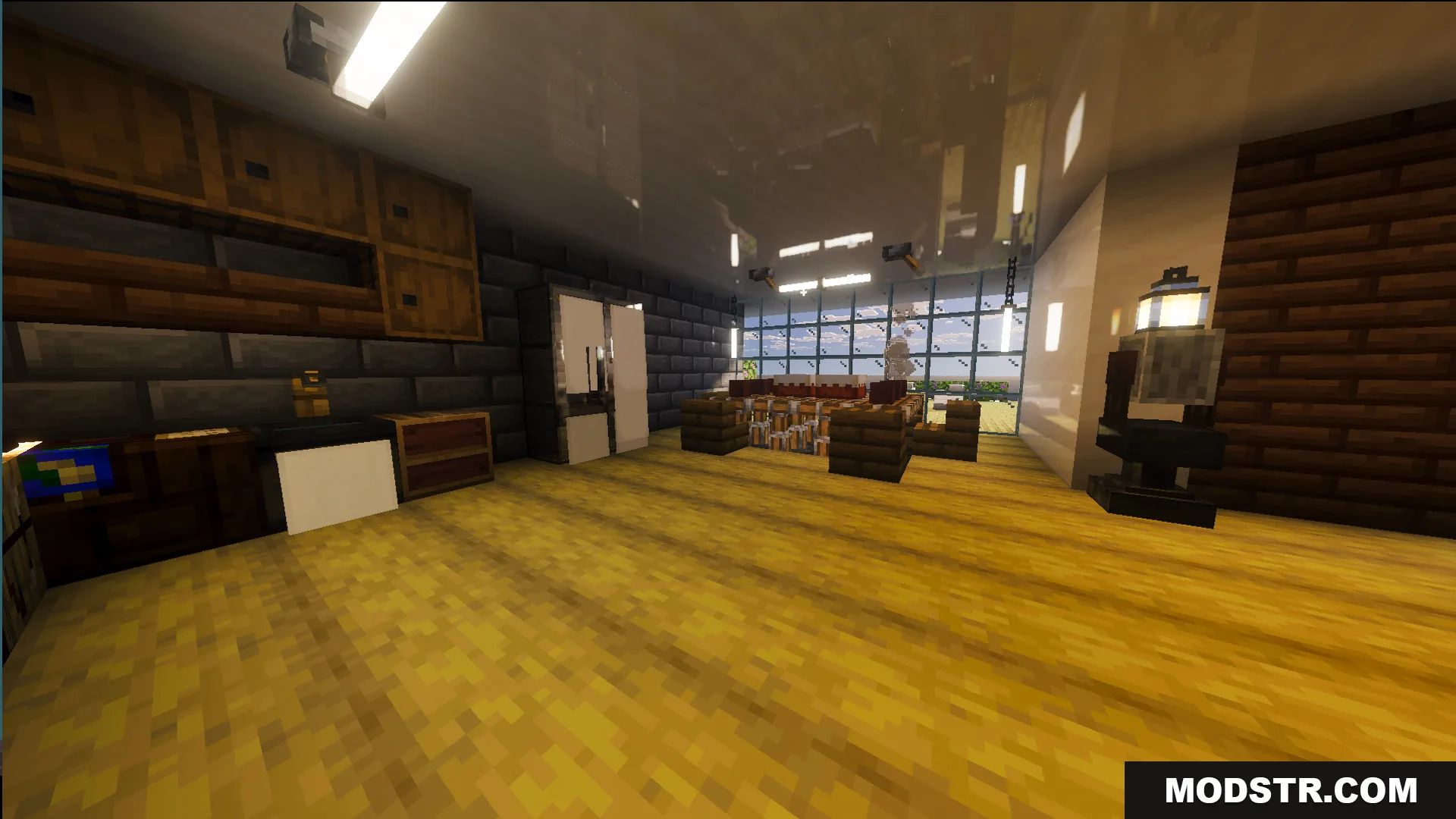 Survival Modern House 84 Map Screenshot 5 Modern kitchen interior featuring wooden floors and dark stone brick walls