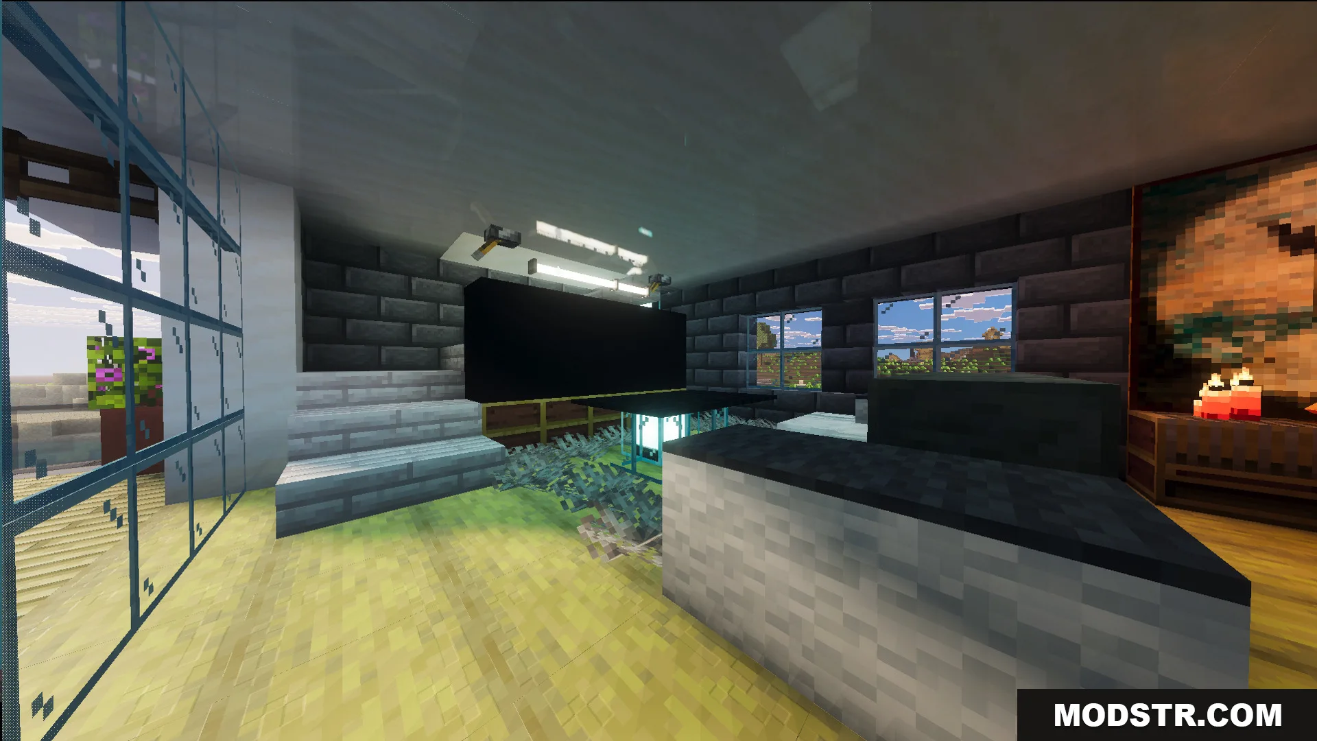Survival Modern House 84 Map Screenshot 8 Decorated room inside a modern house with stone brick walls and black screen