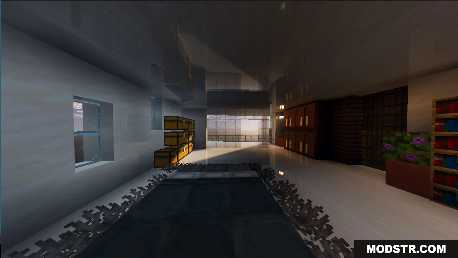 Survival Modern House 84 Map Screenshot 12 Modern house interior with stacked storage chests and a bed near windows