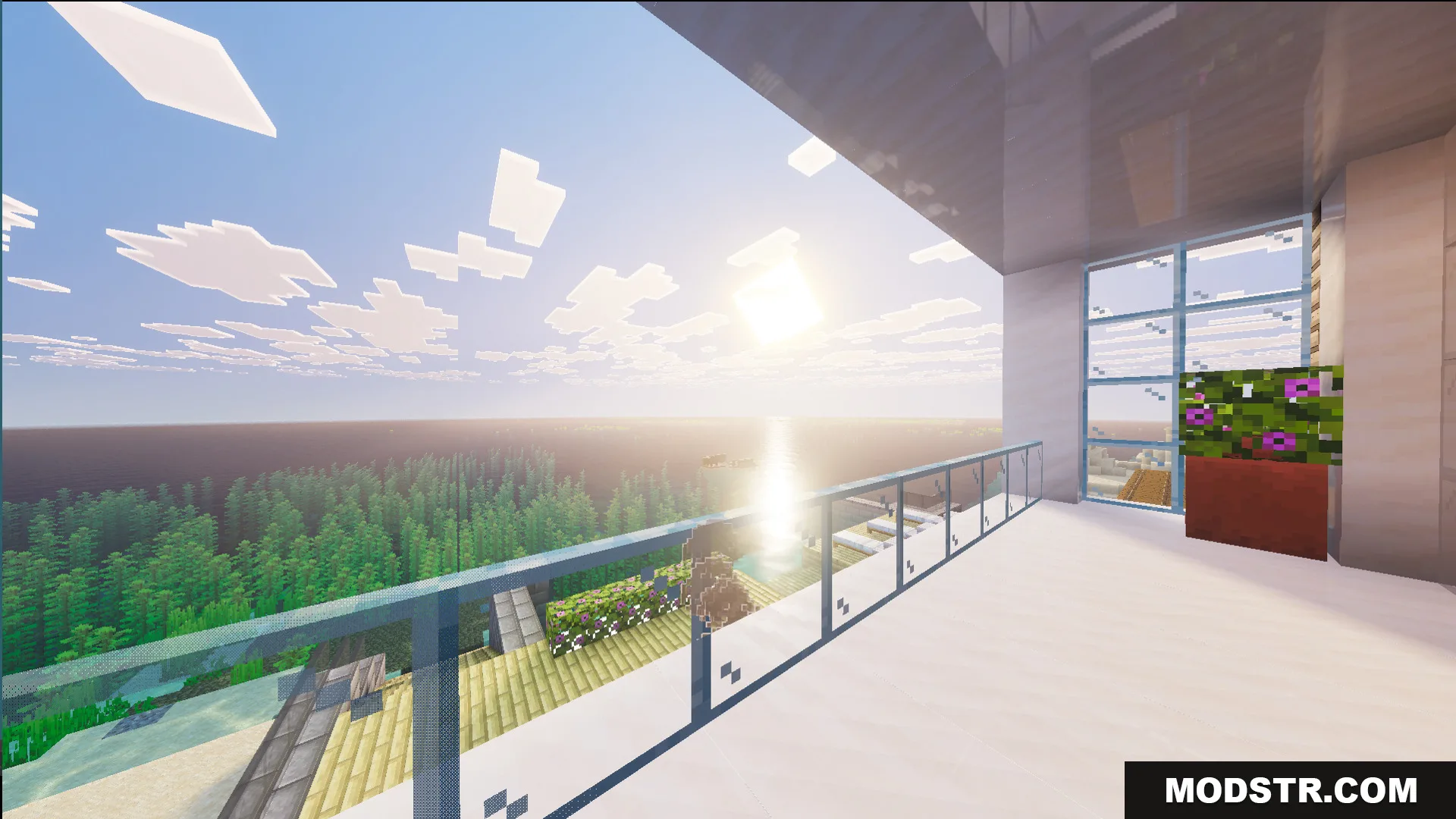Survival Modern House 84 Map Screenshot 10 Outdoor patio of the modern house overlooking a lush forest and bright sun