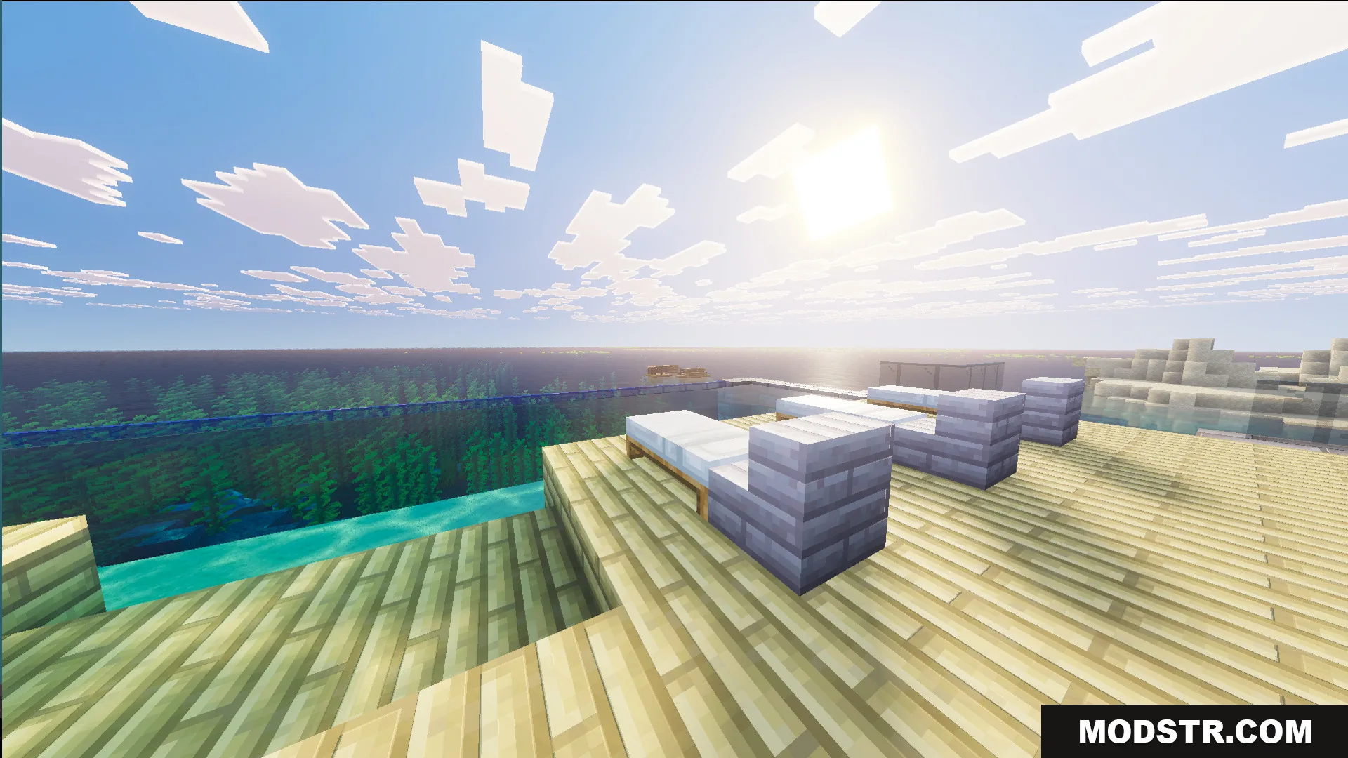 Survival Modern House 84 Map Screenshot 4 White lounge chairs on a wooden deck next to a glass swimming pool