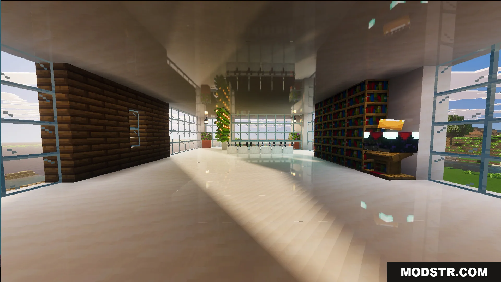Survival Modern House 84 Map Screenshot 9 Interior of the Survival Modern House map featuring a library and large windows