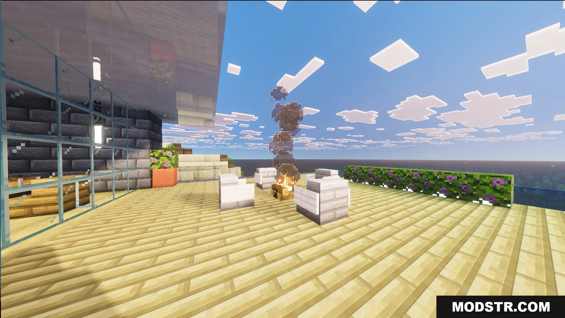 Survival Modern House 84 Map Screenshot 3 Outdoor seating area with a campfire on a wooden deck overlooking the ocean