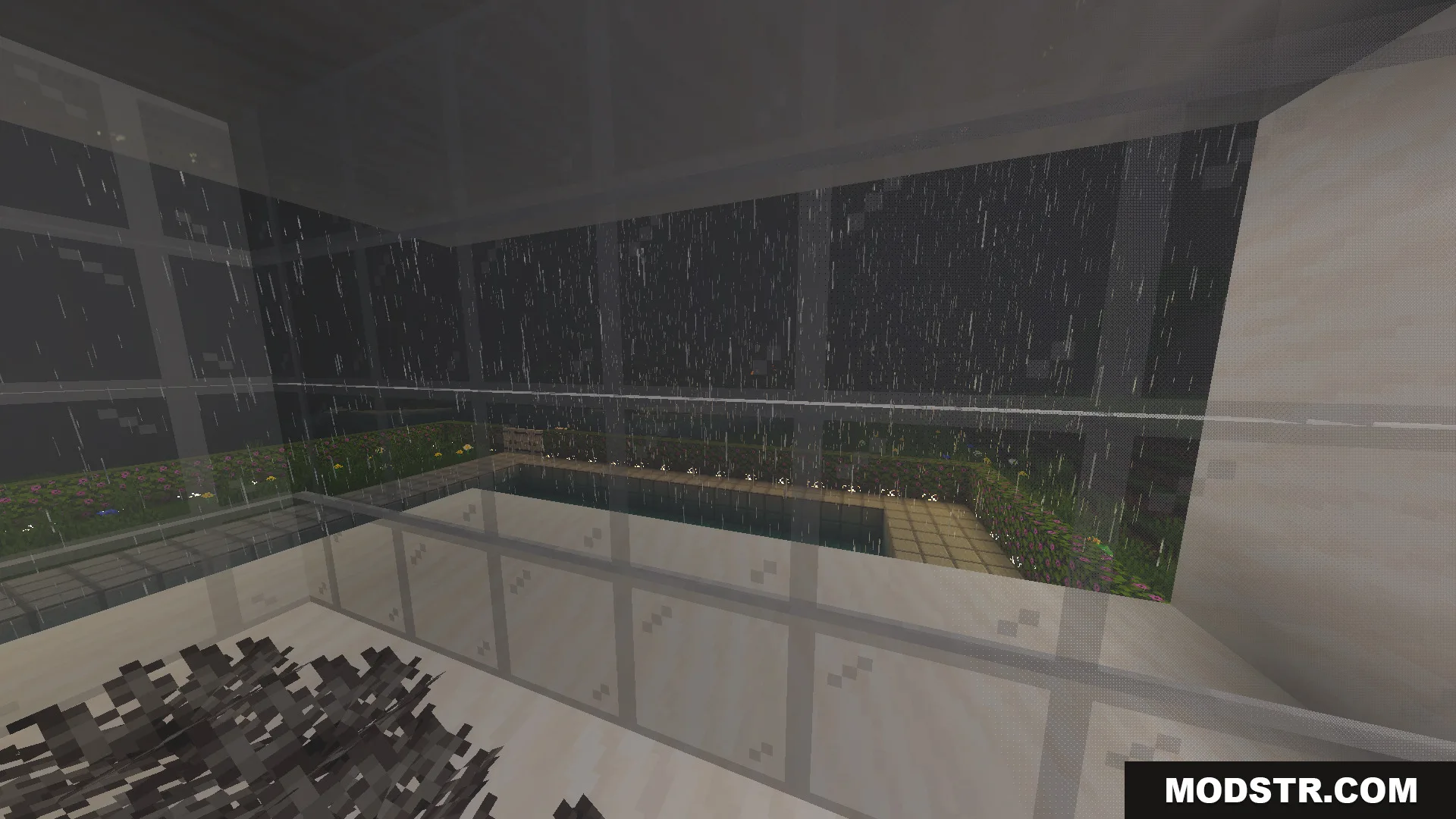 Survival Modern House 85 Map features large glass windows overlooking a swimming pool