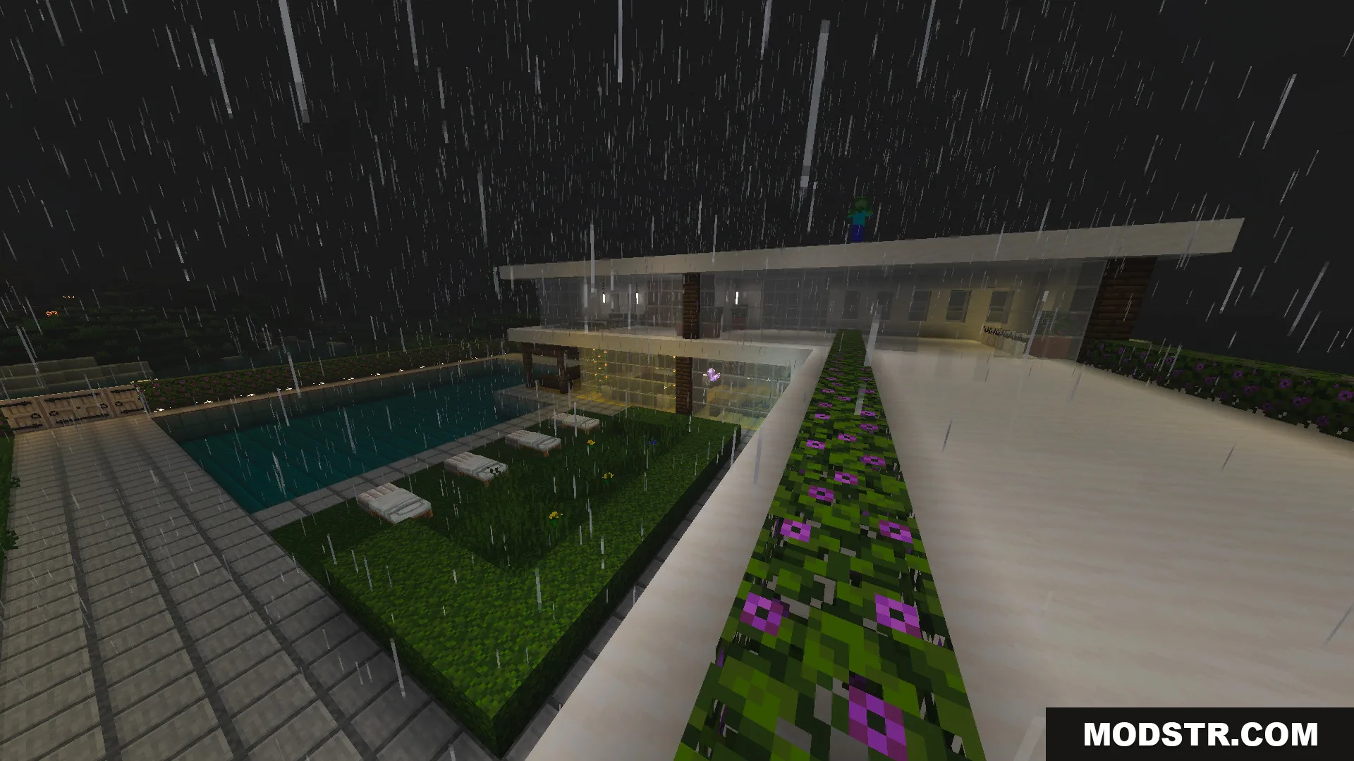 Modern white house exterior with a swimming pool and garden during the rain