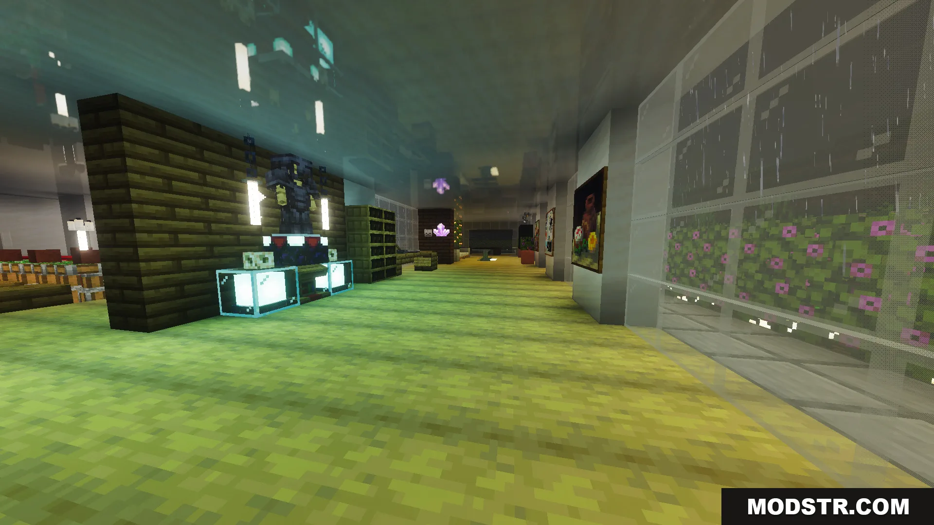 Modern house hallway featuring armor stands and paintings on the walls