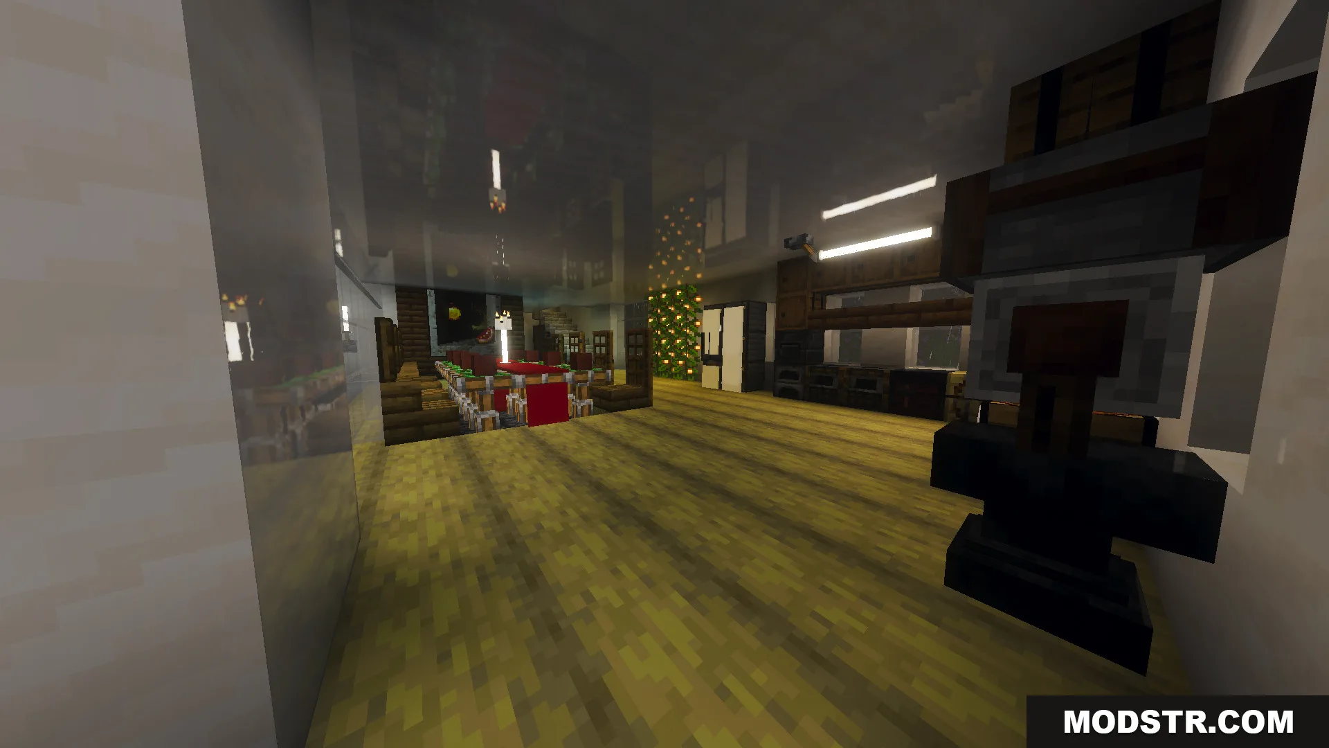 Survival Modern House interior featuring a kitchen and large dining table