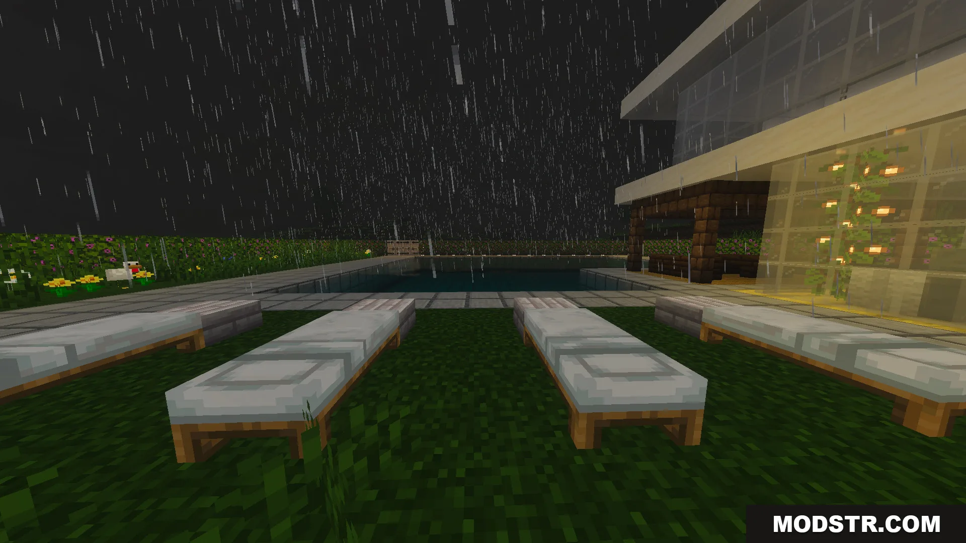 Survival Modern House 85 Map featuring an outdoor swimming pool in the rain