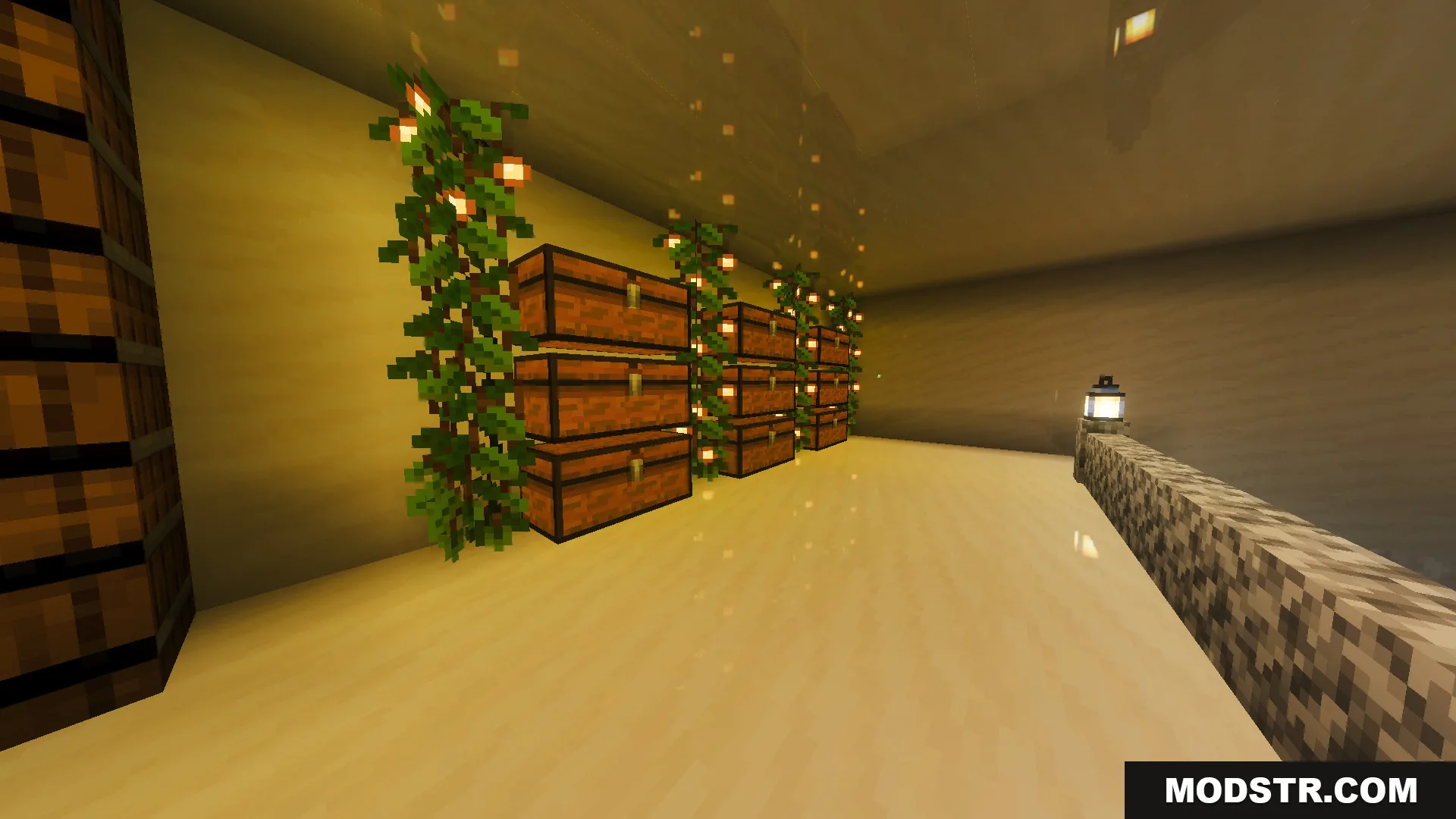 Survival Modern House 91 Map Screenshot 1 Storage room with stacked wooden chests and glowing vines in a modern house