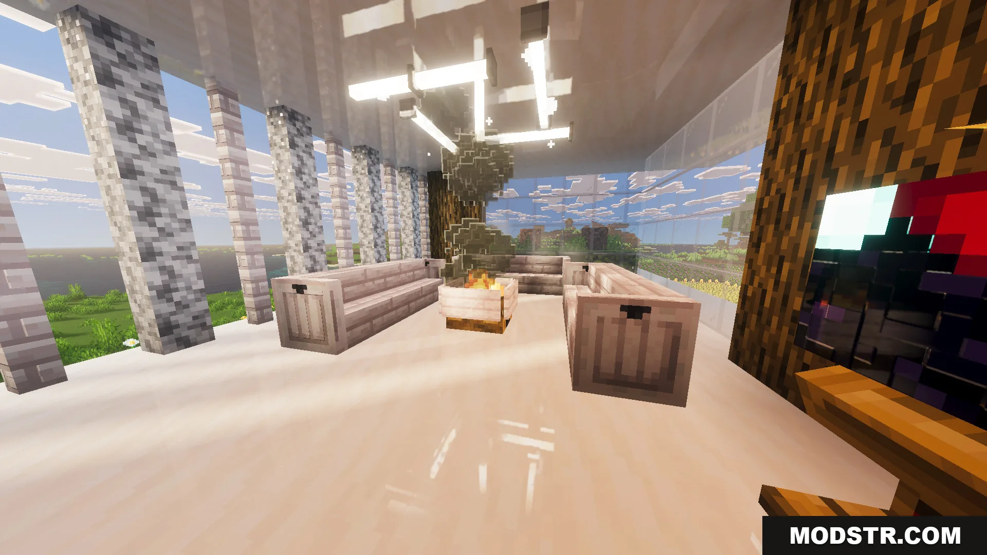 Survival Modern House 91 Map Screenshot 2 Modern living room in Survival Modern House 91 Map with a fire pit