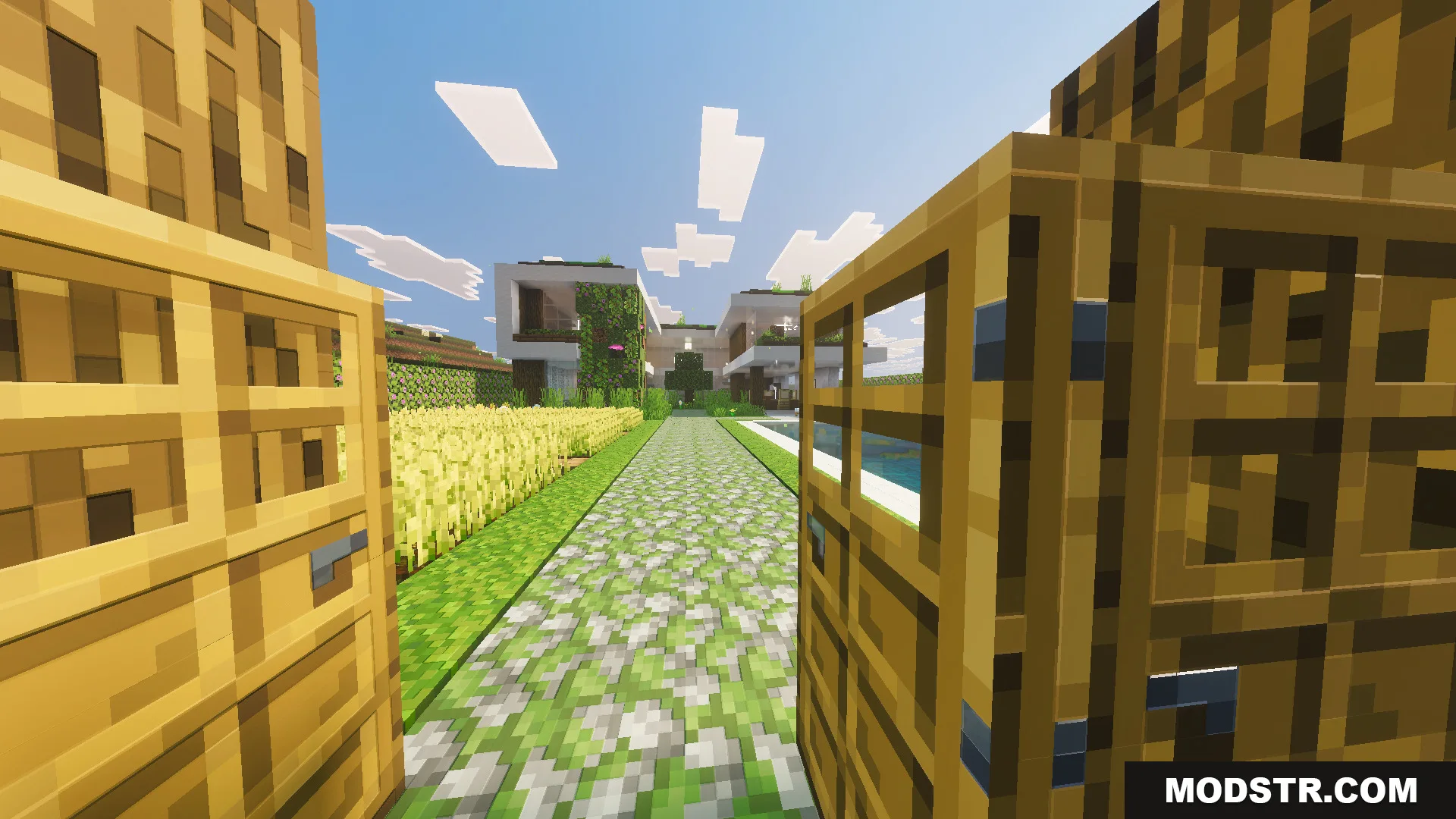 Survival Modern House 91 Map Screenshot 10 Open wooden gates leading to a luxury villa with a swimming pool