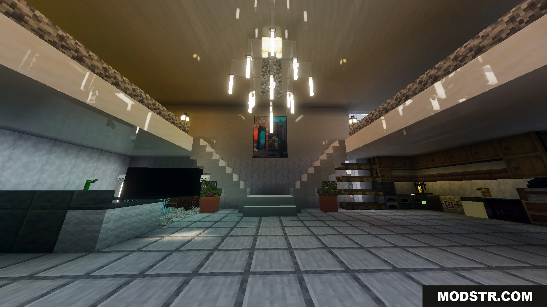 Survival Modern House 91 Map Screenshot 5 Spacious interior of Survival Modern House Map featuring a grand split staircase
