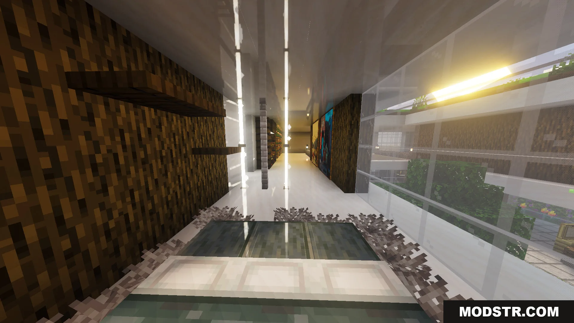 Survival Modern House 91 Map Screenshot 13 Modern bedroom interior with dark wood walls and large glass windows in Minecraft