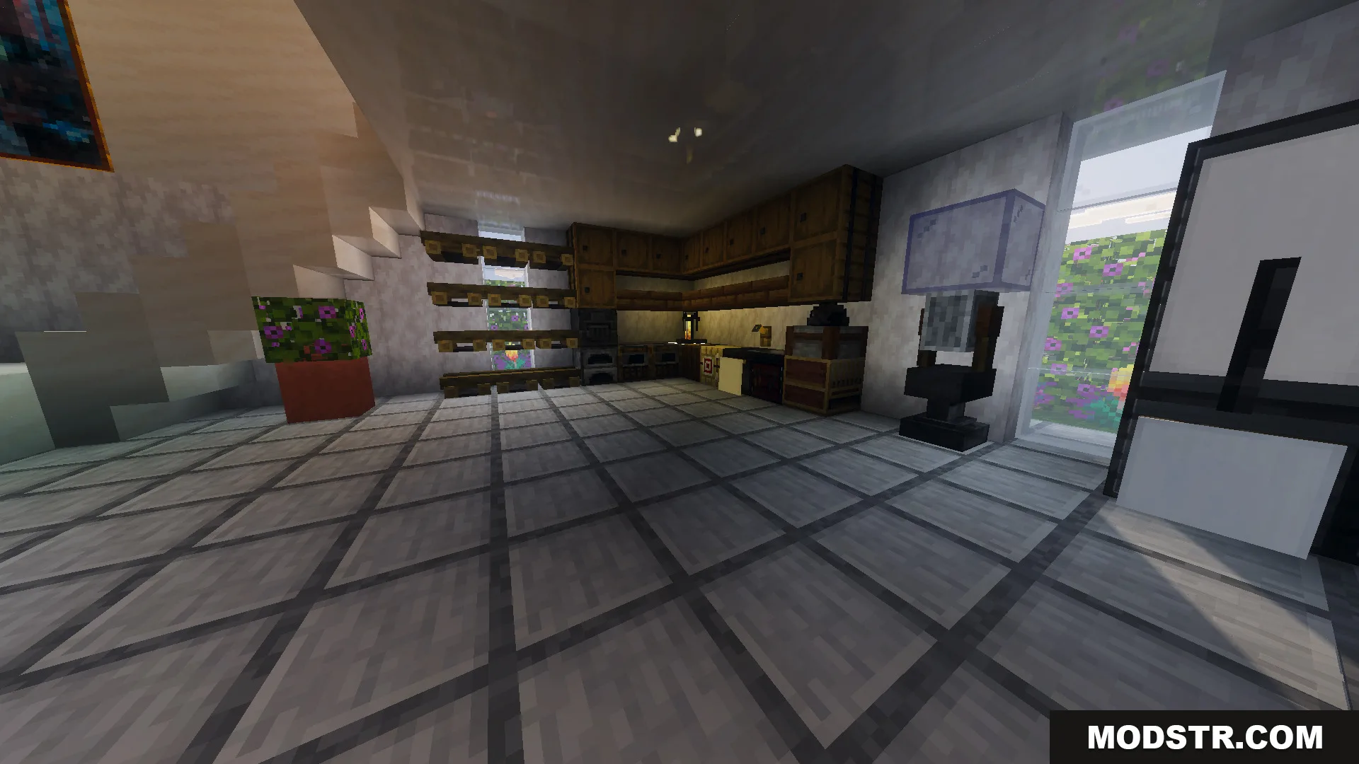 Survival Modern House 91 Map Screenshot 6 Detailed kitchen area with wooden cabinets and a view of the outdoor garden