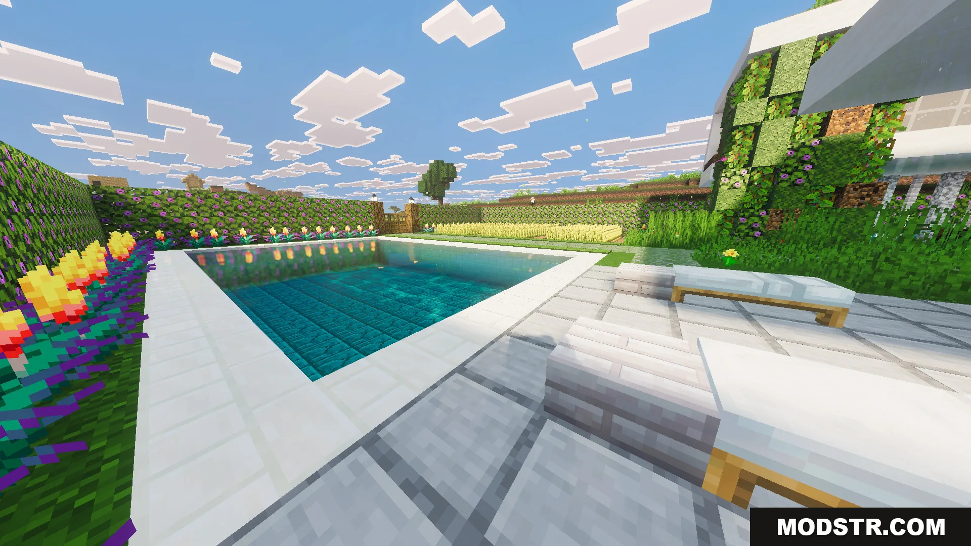 Survival Modern House 91 Map Screenshot 8 Large swimming pool and lounge chairs in the garden of a modern villa