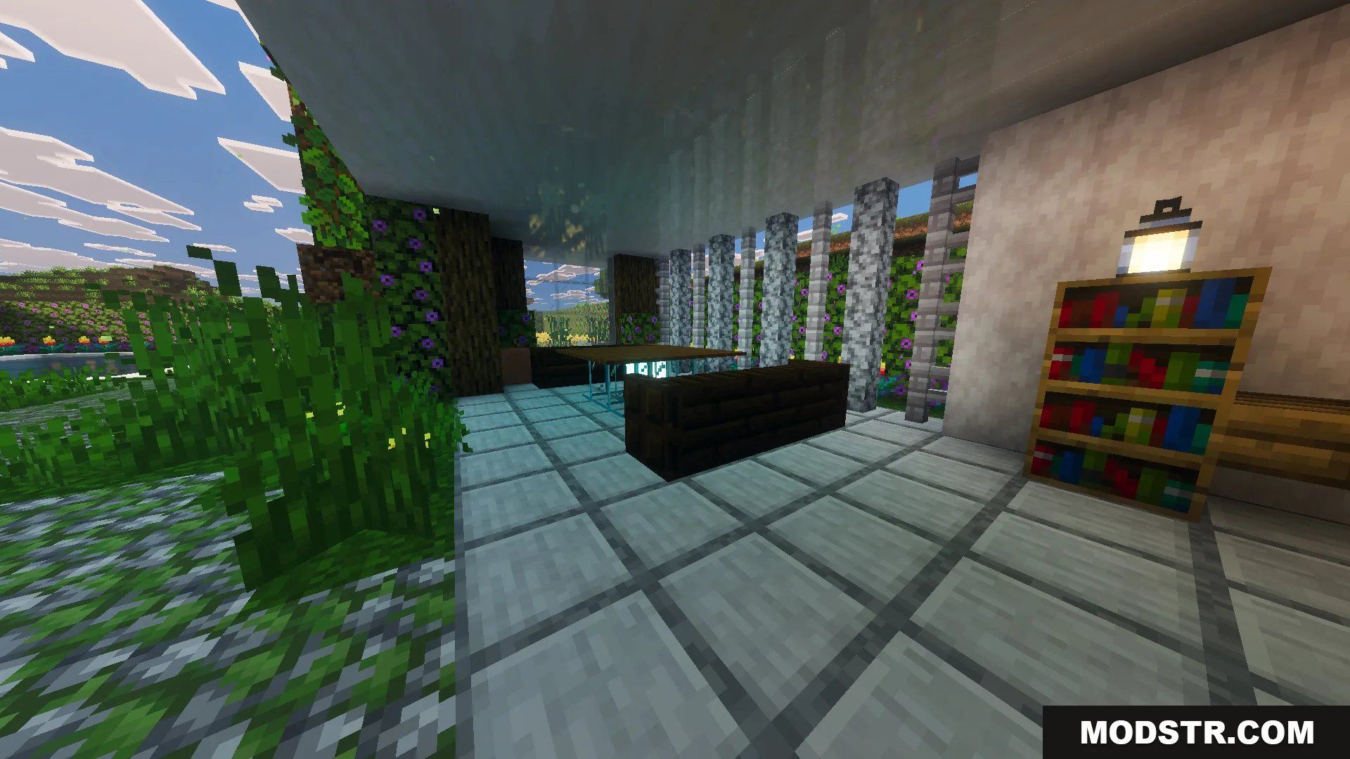 Survival Modern House 91 Map Screenshot 4 A bookshelf and seating area overlooking a garden in a modern house
