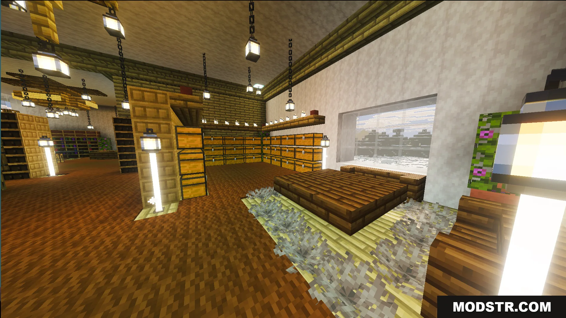 Cozy modern bedroom with wooden bed and many storage chests in snowy biome