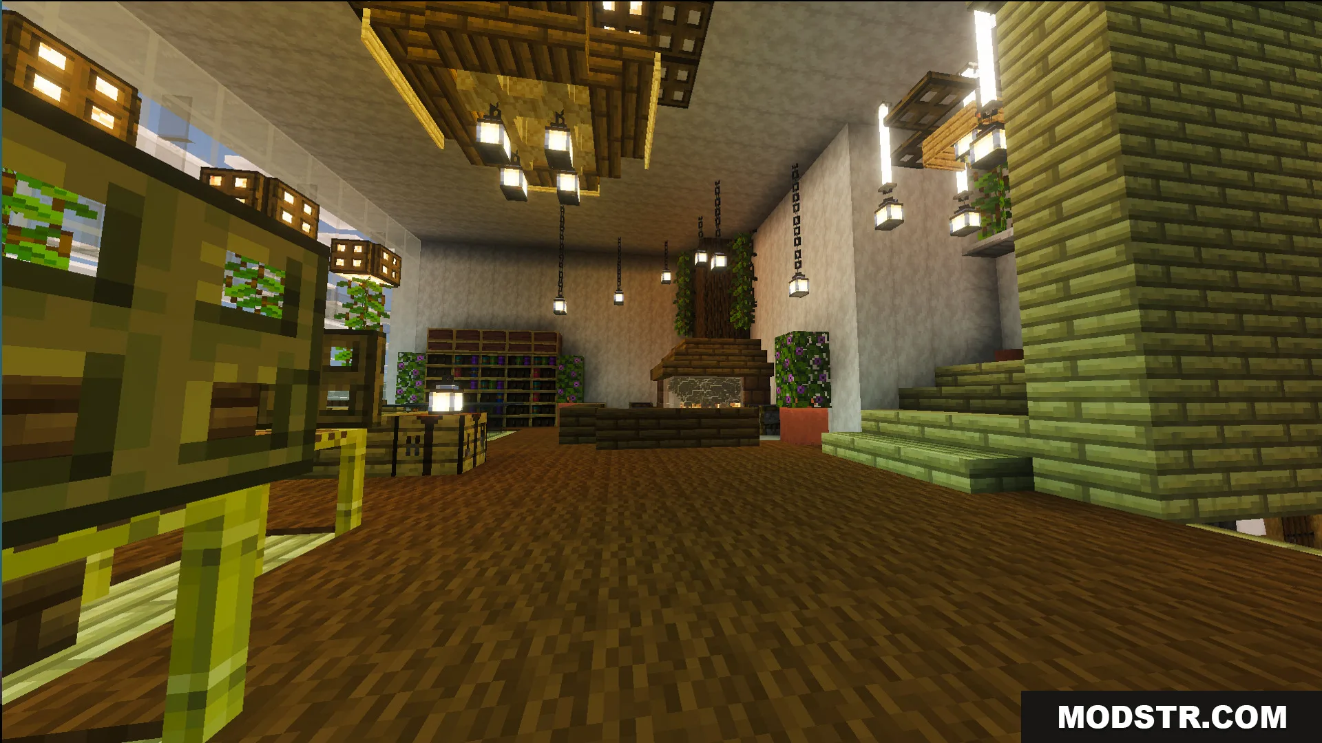 Interior of Survival Modern House 97 Map featuring wooden furniture and hanging lanterns