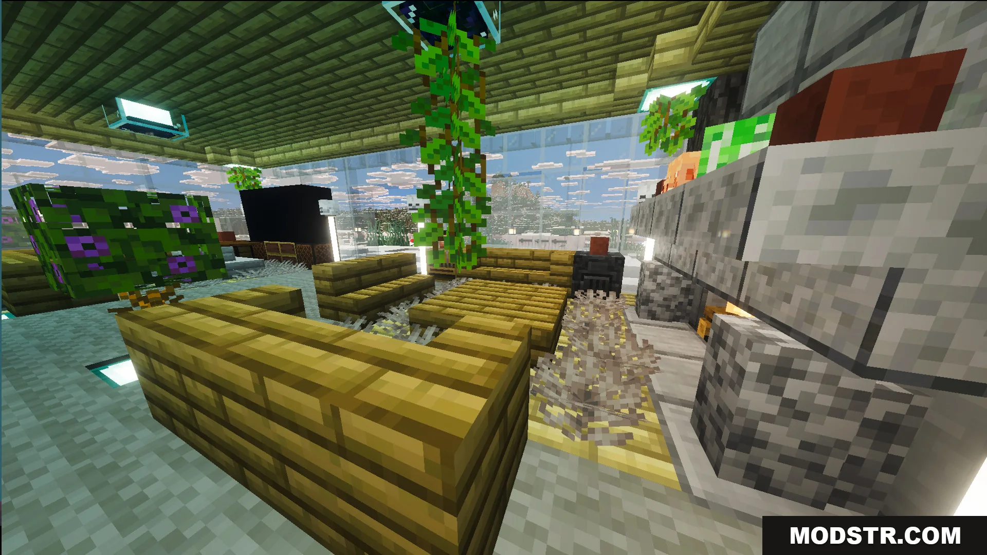 Cozy living room with wooden furniture and a stone fireplace in a snowy biome
