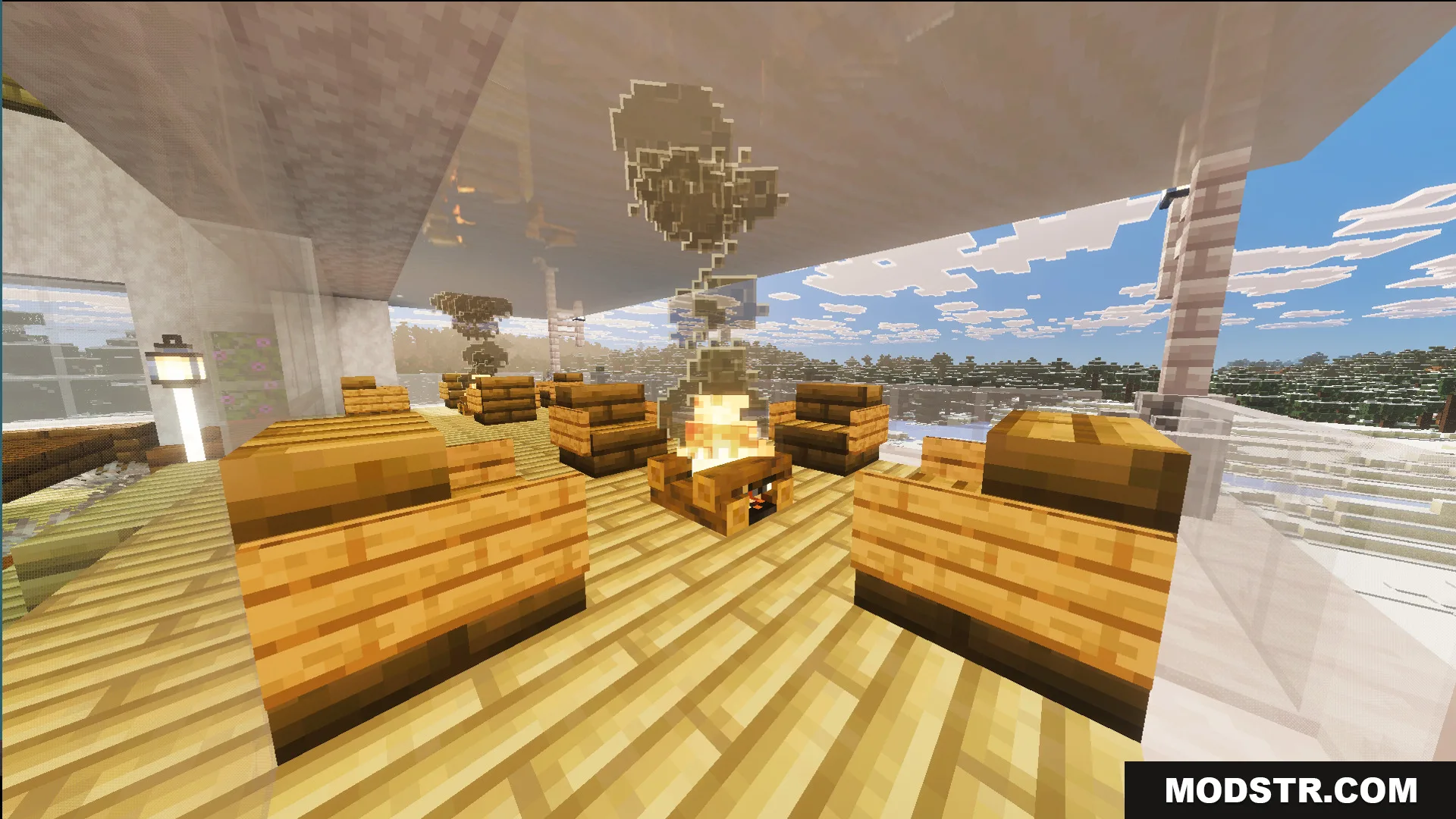 Cozy rooftop area with a campfire and wooden chairs in snowy biome