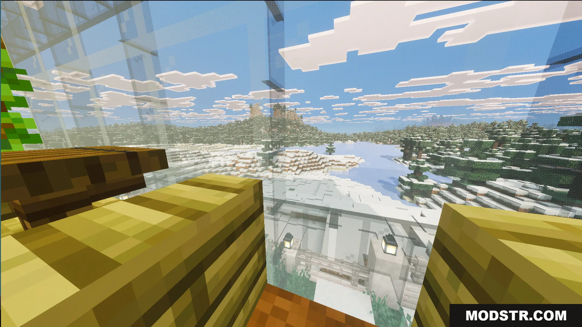 View from the glass building looking out at a cold snowy biome landscape