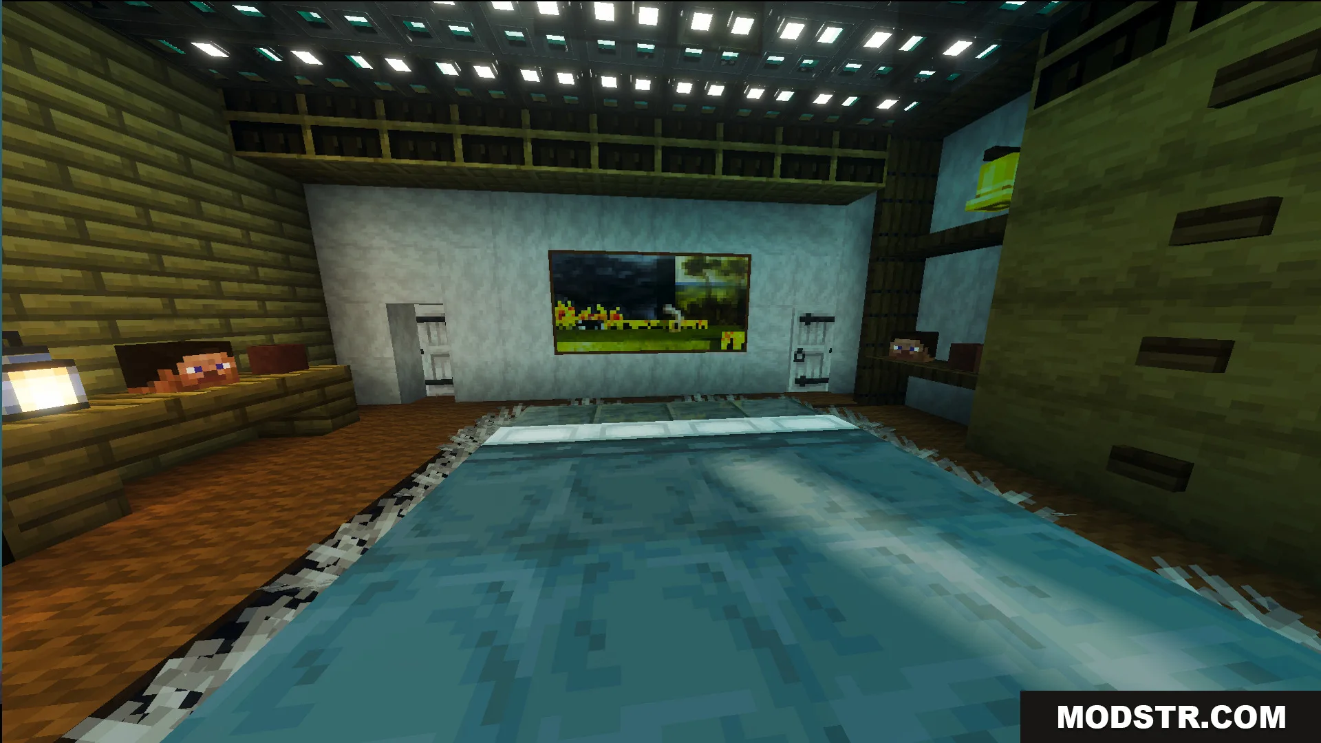 Decorated interior of Survival Modern House 97 Map with a blue bed