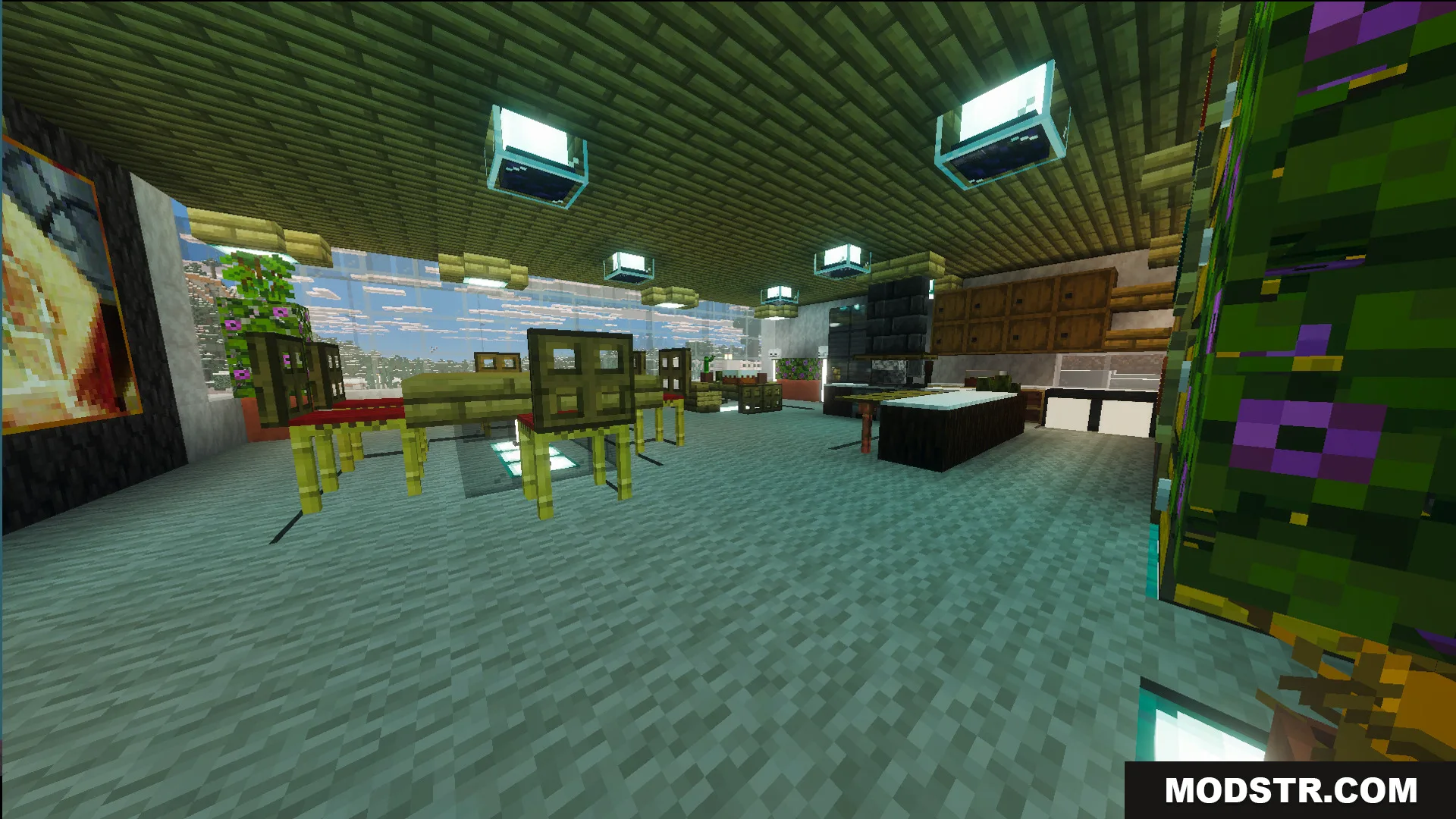 A decorated kitchen with wooden furniture and large windows overlooking a snowy biome