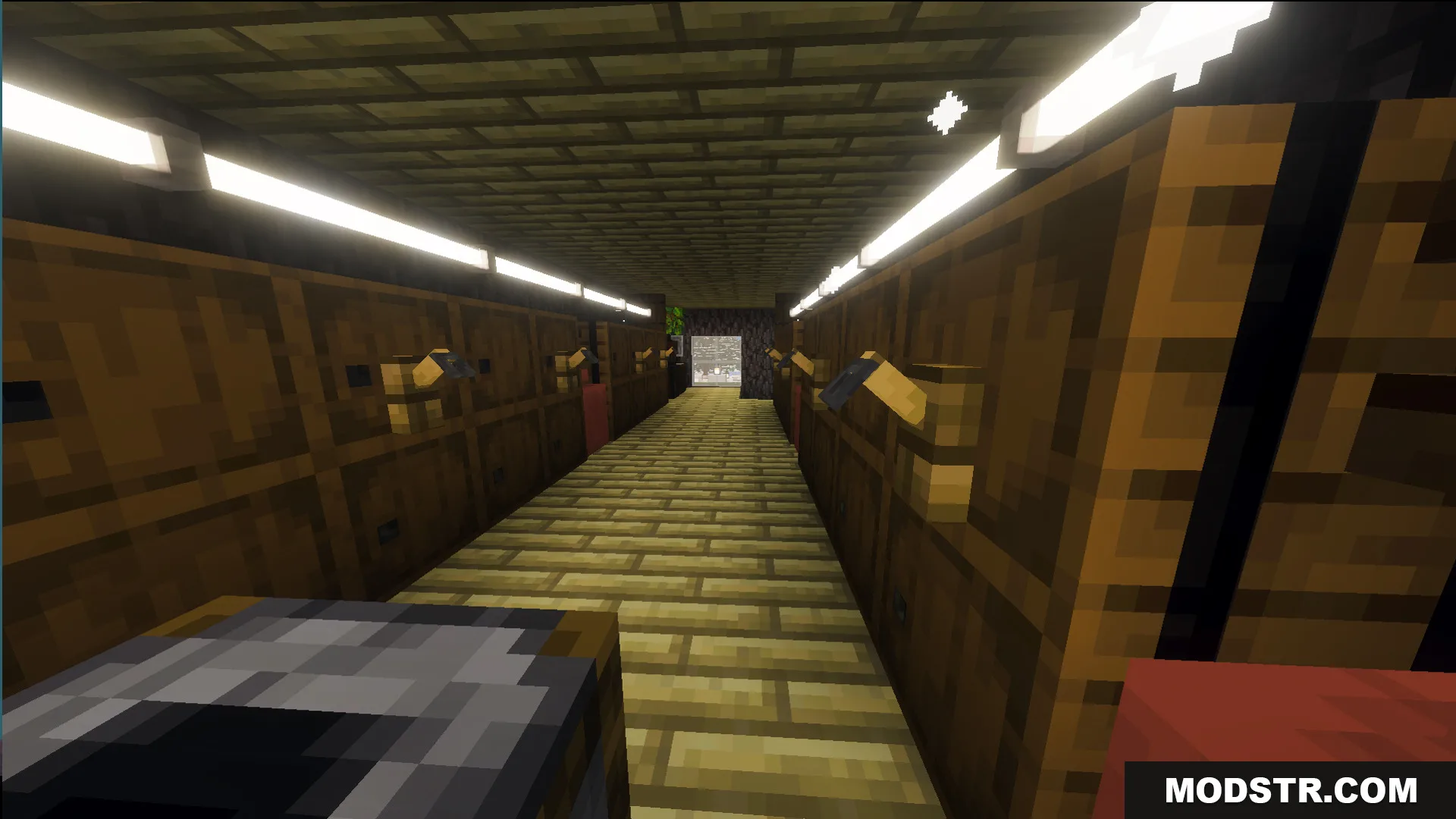 A narrow wooden corridor featuring bright strip lighting and several wall levers