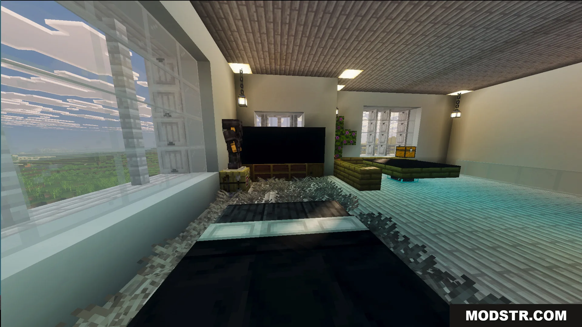 Survival Suburban House 48 Map Screenshot 11 Modern bedroom interior featuring a black bed and large glass windows