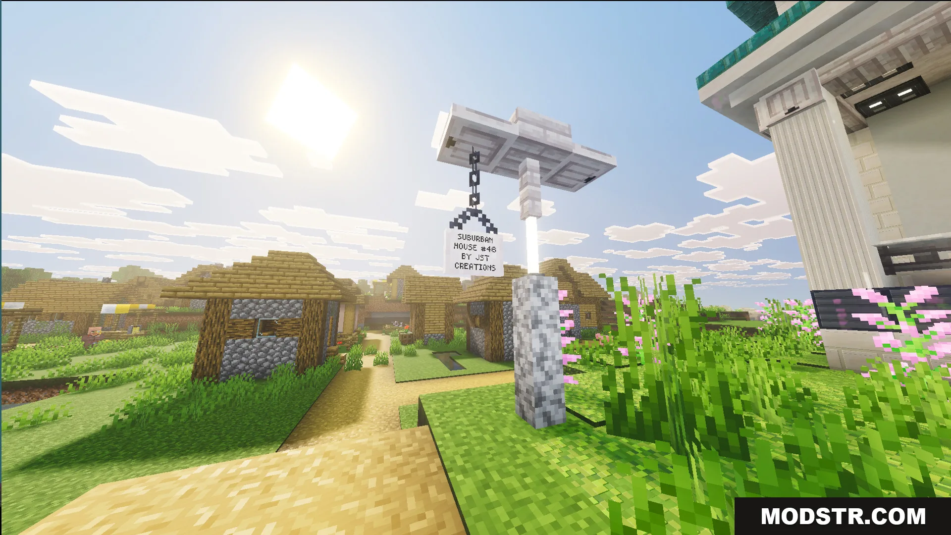 Survival Suburban House 48 Map Screenshot 5 A sign for Suburban House stands near a peaceful plains village