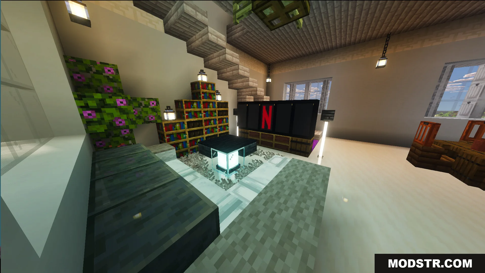Survival Suburban House 48 Map Screenshot 6 A modern living room interior with a large television and wooden furniture