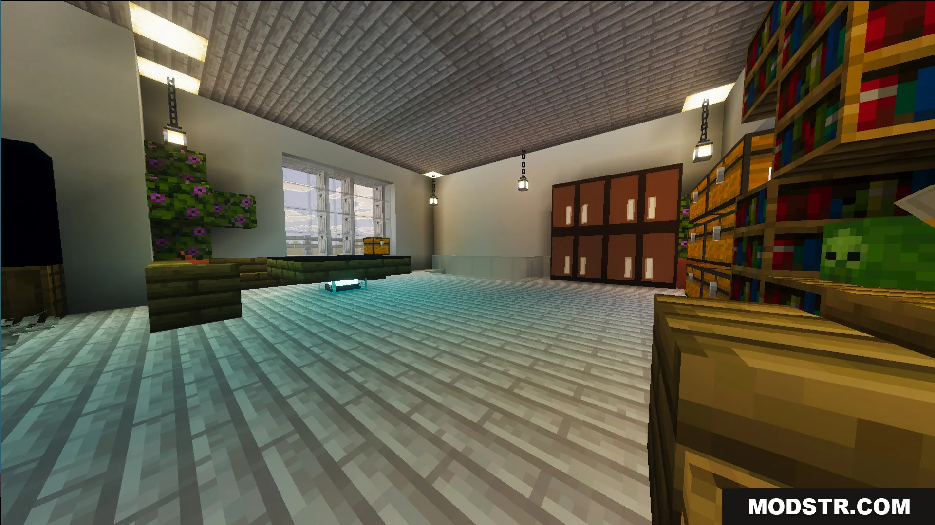 Survival Suburban House 48 Map Screenshot 10 Modern living room interior with wooden furniture bookshelves and a zombie head