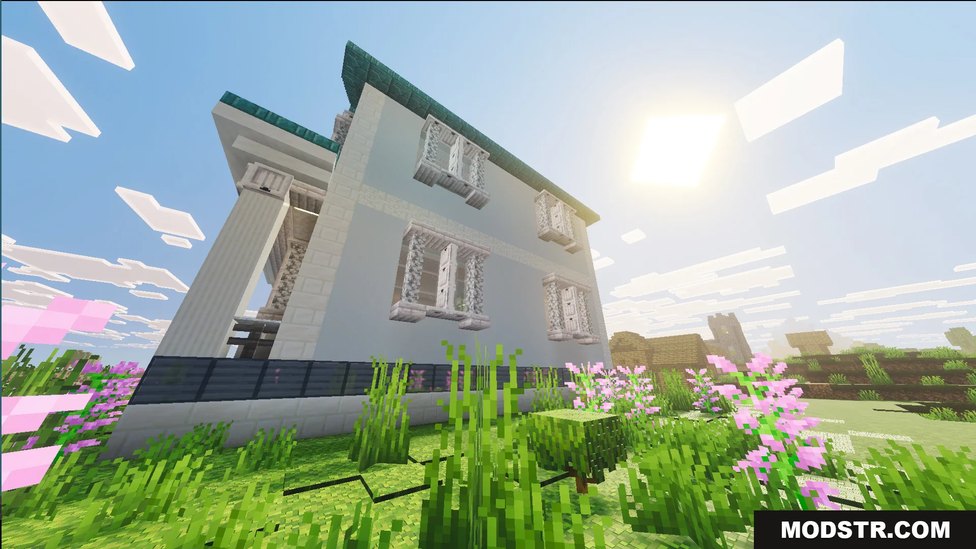 Survival Suburban House 48 Map Screenshot 1 Side view of a white suburban house with a teal roof and pillars