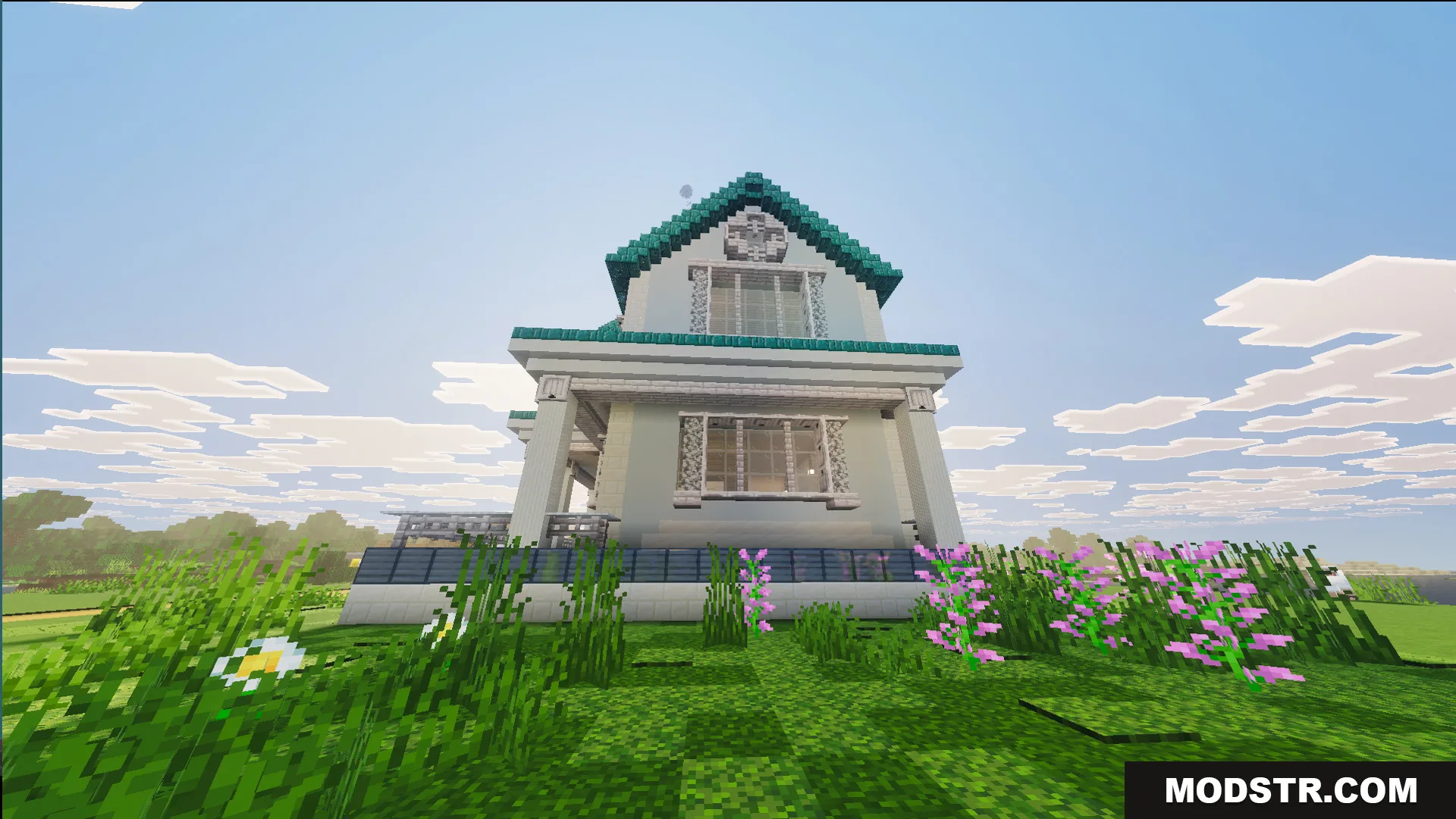 Survival Suburban House 48 Map Screenshot 2 Front view of a two story house with a teal roof and windows