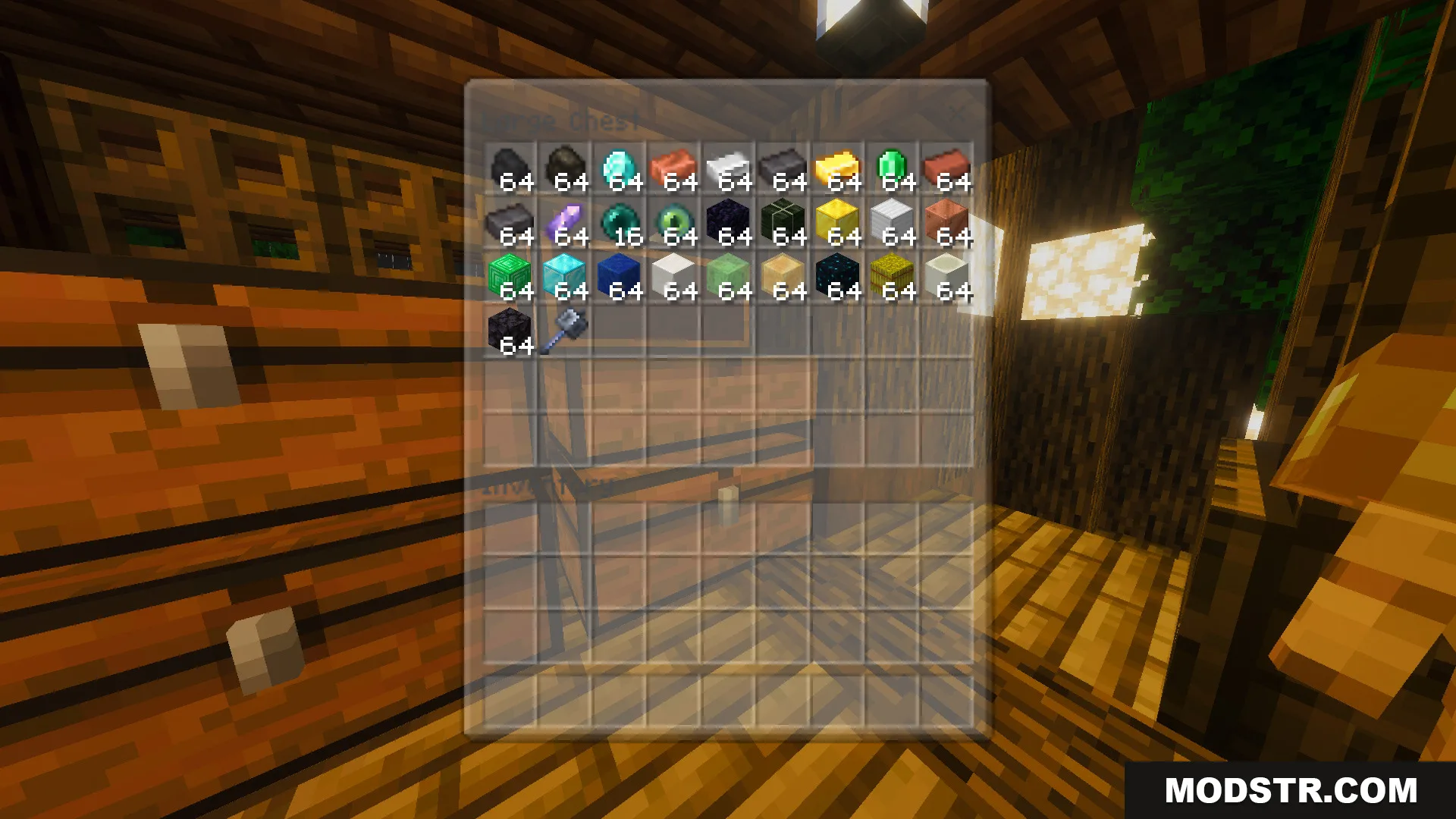 Survival Tree House 45 Map Screenshot 1 Survival Tree House chest filled with stacks of valuable resources and blocks