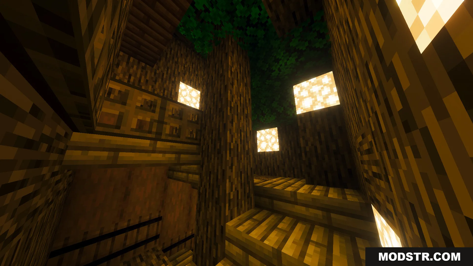 Survival Tree House 45 Map Screenshot 2 Cozy wooden interior of a tree house featuring stairs and glowing light blocks