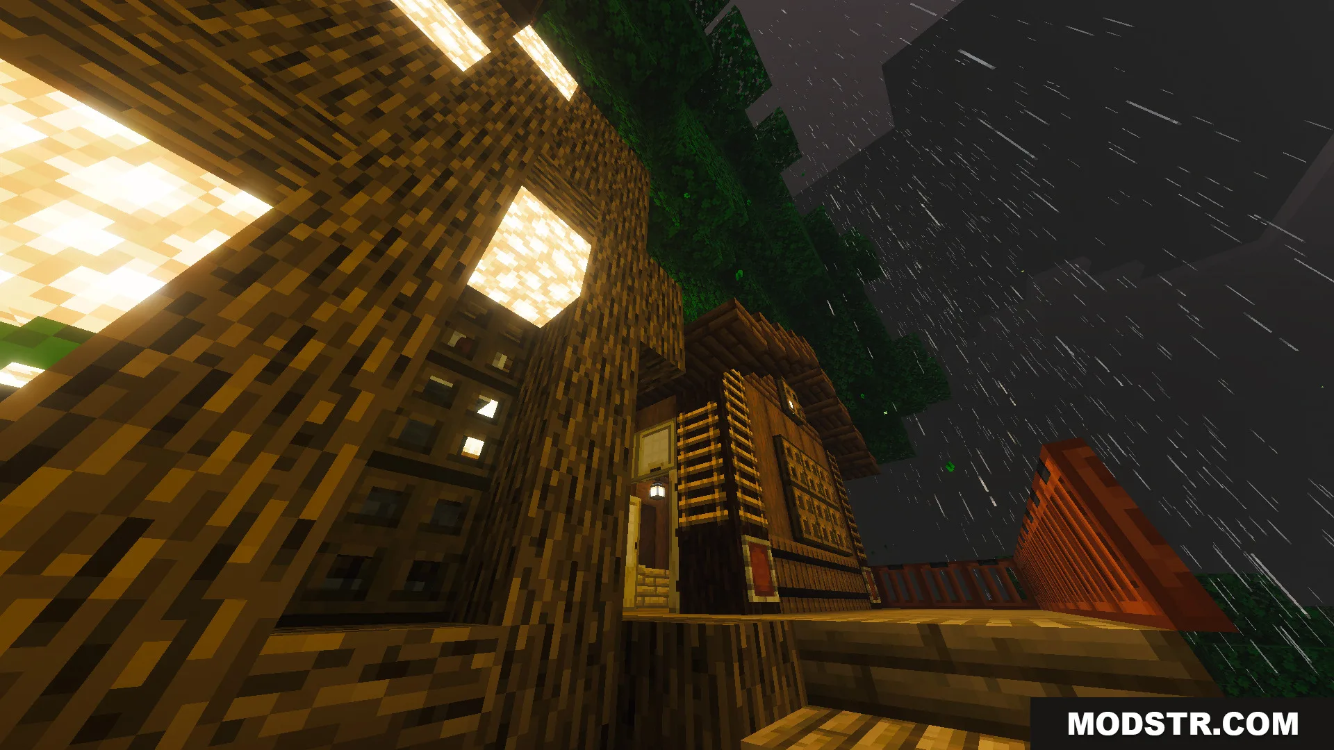 Survival Tree House 45 Map Screenshot 10 The massive wooden tree house exterior illuminated by glowstone during a rainy night