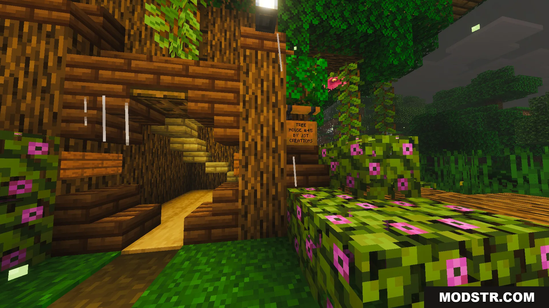 Survival Tree House 45 Map Screenshot 8 The entrance to Survival Tree House 45 features flowering bushes and stairs