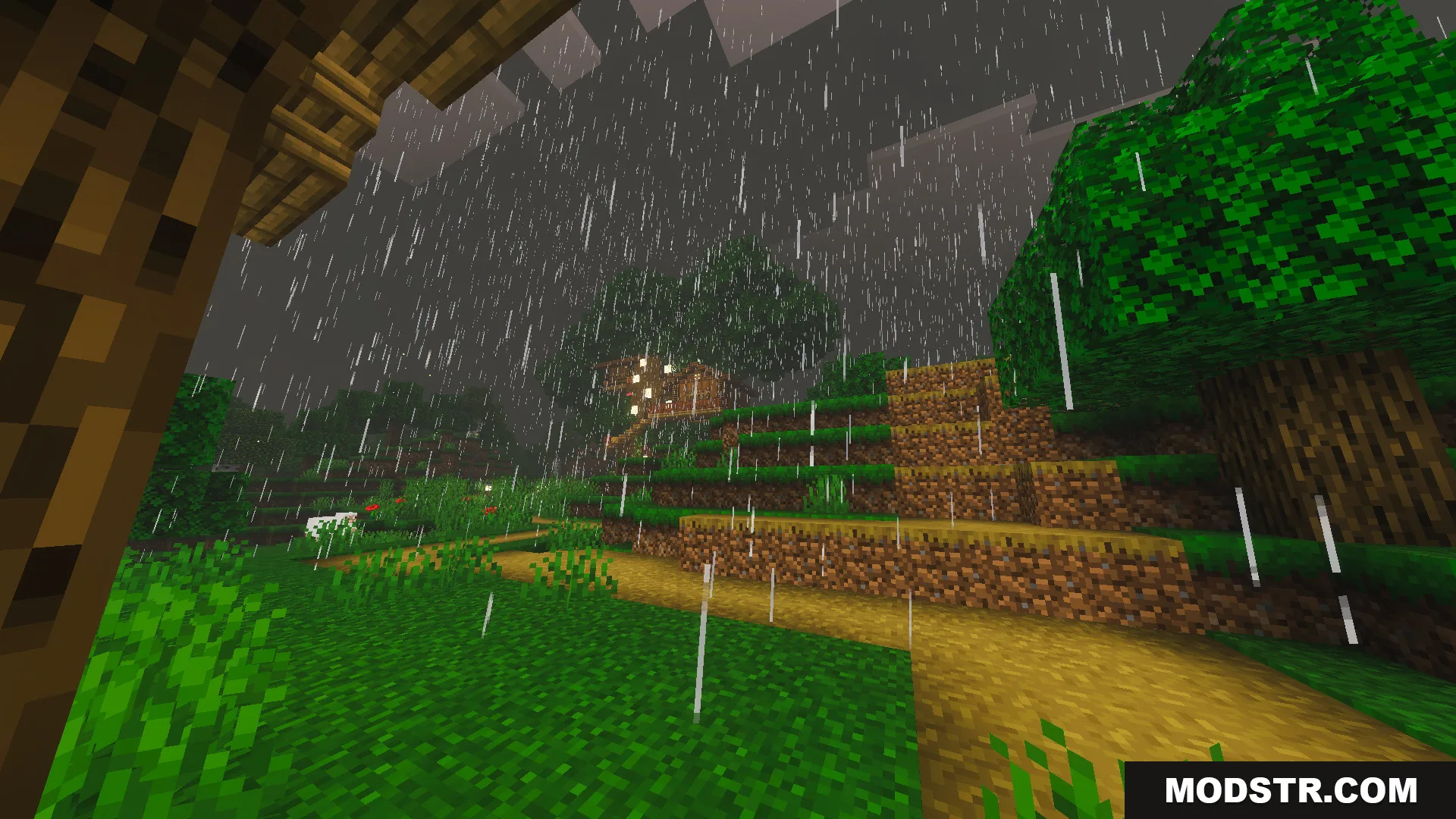 Survival Tree House 45 Map Screenshot 7 Heavy rain falls over a grassy plains biome with a long dirt path