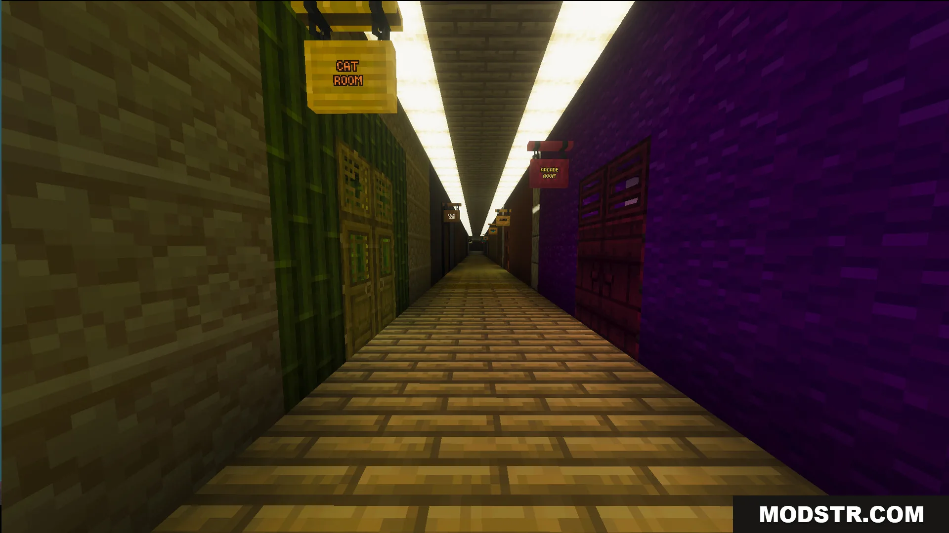 Survival Victorian Mansion Map Screenshot 11 A long hallway with wooden floors and signs for rooms inside the mansion
