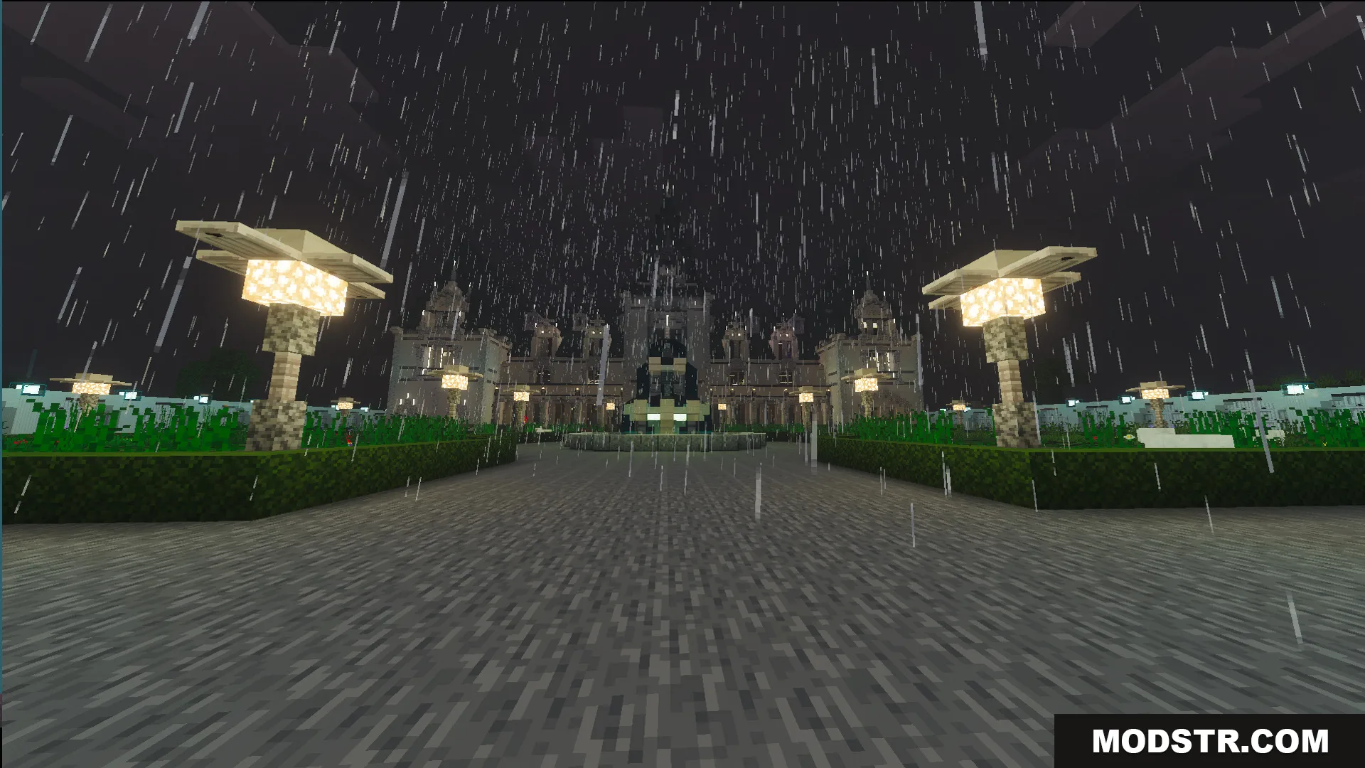 Survival Victorian Mansion Map Screenshot 6 Rainy night view of the Survival Victorian Mansion garden and fountain