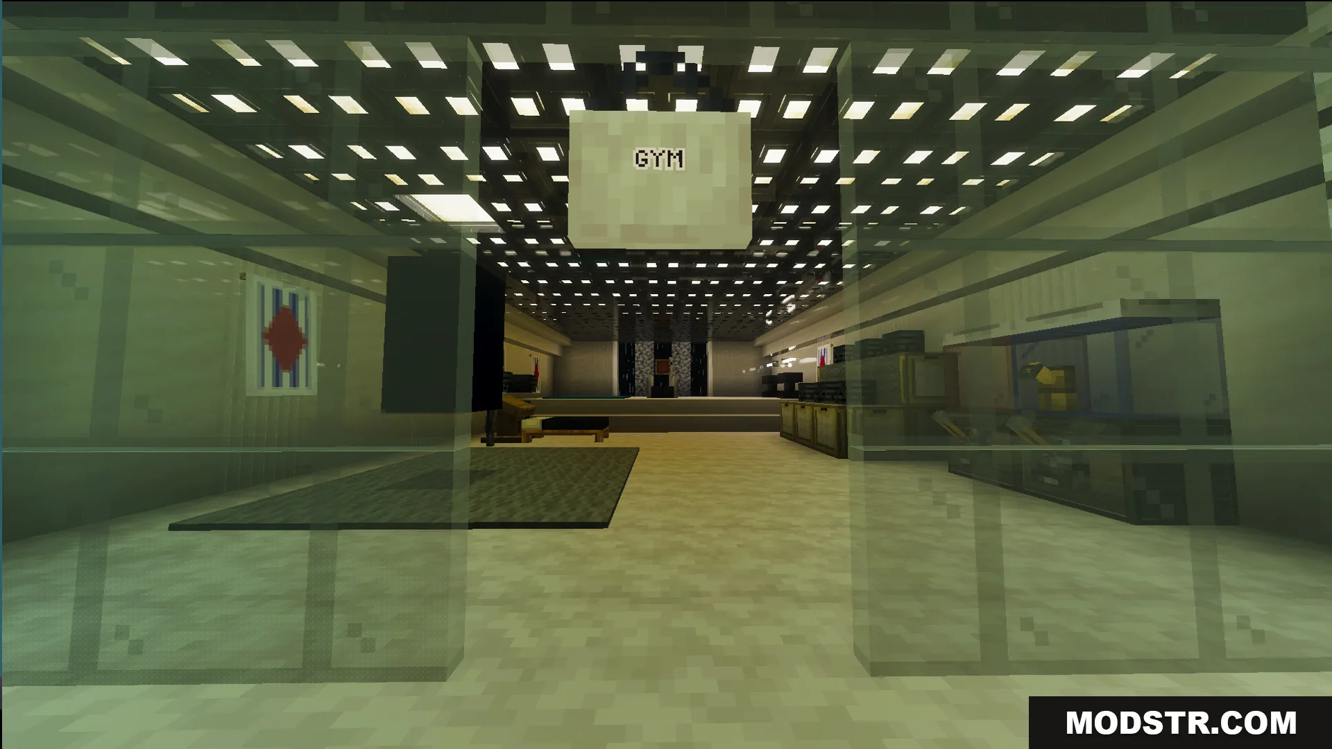 Survival Victorian Mansion Map Screenshot 12 Interior view of a gym room with glass walls and a checkered ceiling