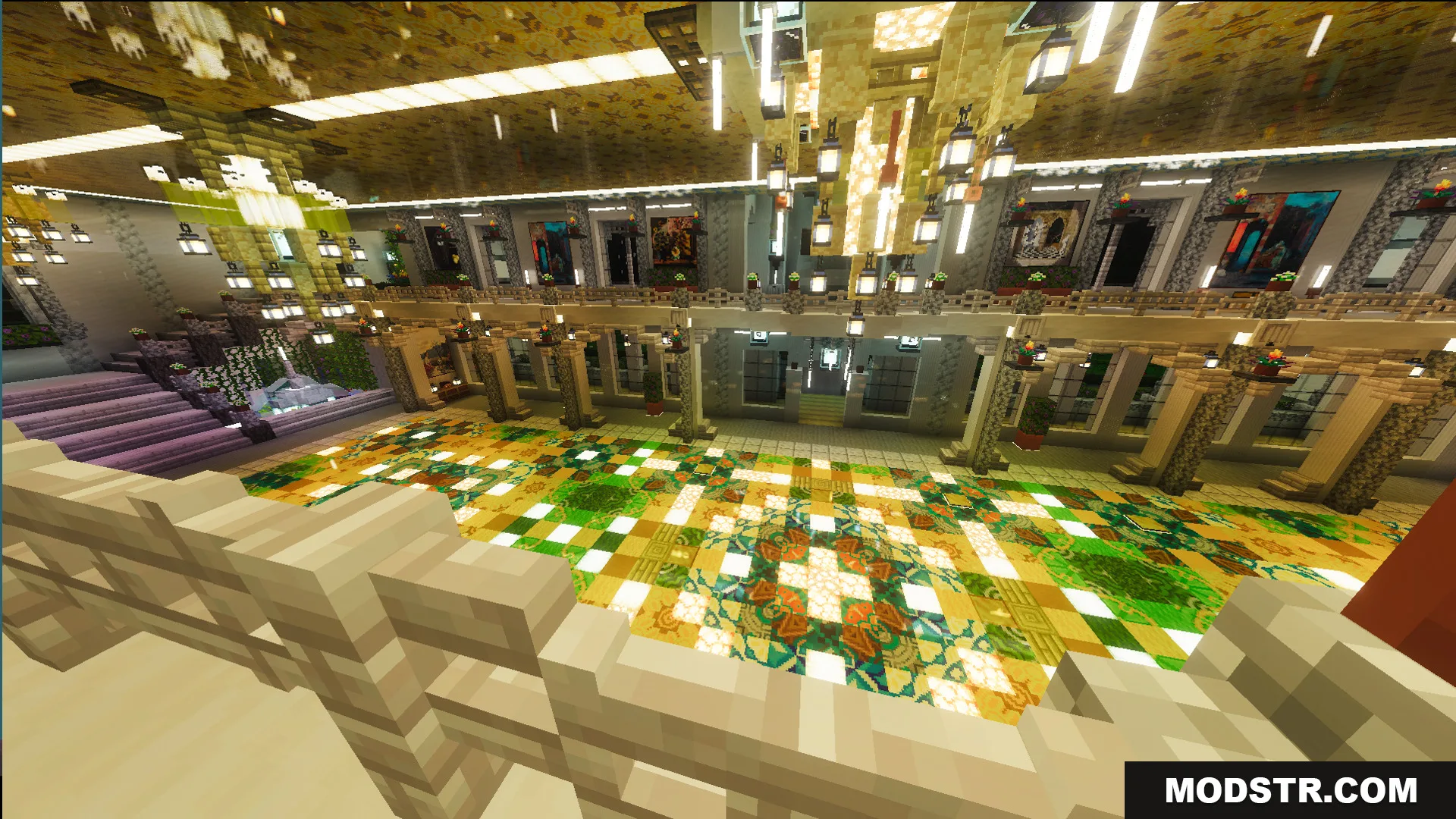 Survival Victorian Mansion Map Screenshot 2 Grand ballroom with a colorful patterned floor and many elegant hanging chandeliers