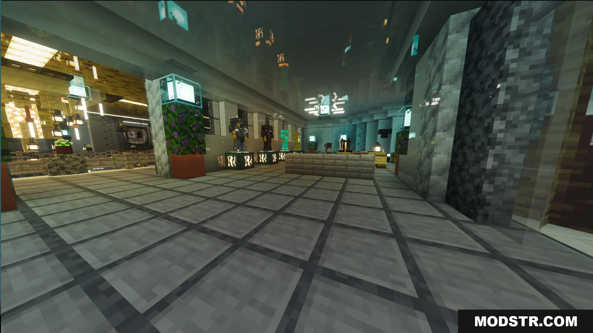 Survival Victorian Mansion Map Screenshot 1 Survival Victorian Mansion Map features a hallway with armor stands and polished floors
