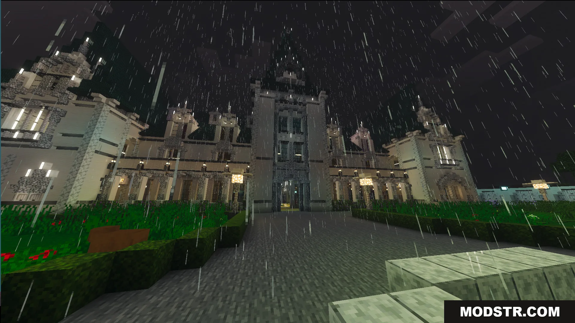 Survival Victorian Mansion Map Screenshot 7 Exterior of a massive white palace with green roofs during a rainy night
