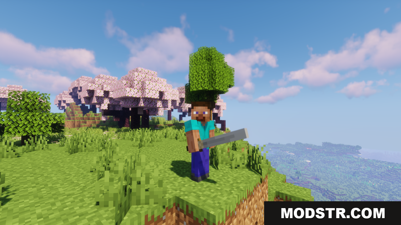 Tactical 3d Pvp Tools Weapons Texture Pack Screenshot 9 Steve holding a 3D modeled iron sword in a cherry biome